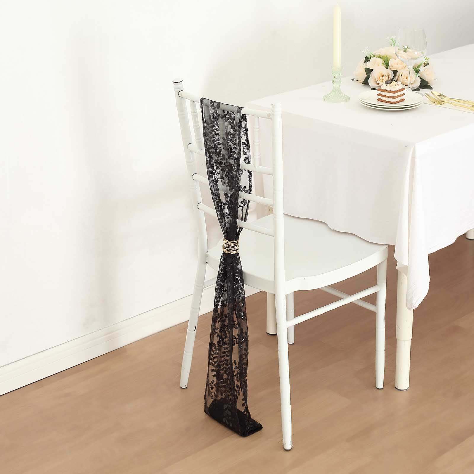 5 Pack Tulle Chair Sashes Black Leaf Vine Embroidered Sequin 6"x88" - Sophisticated Decorative Design - Image 6