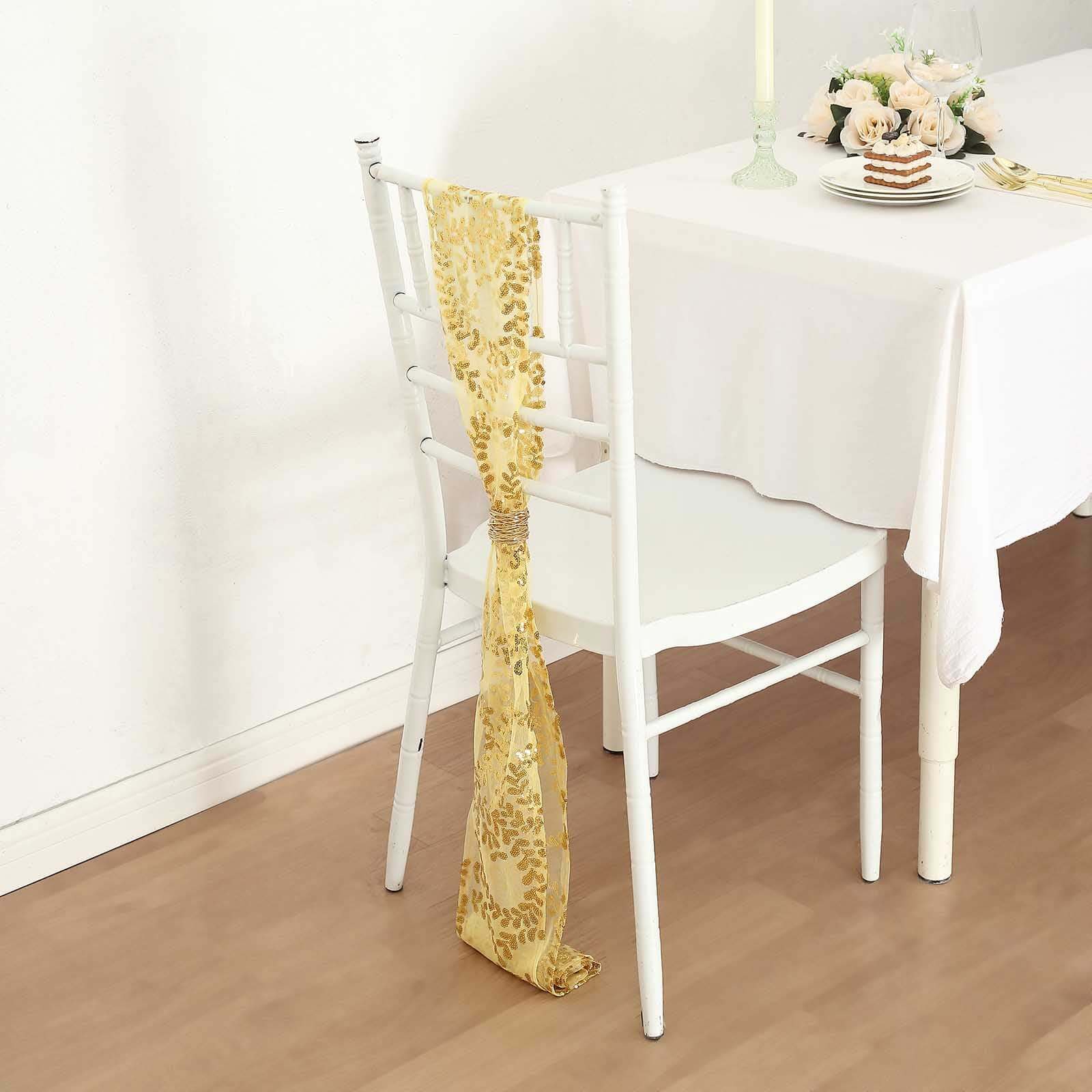 5 Pack Tulle Chair Sashes Gold Leaf Vine Embroidered Sequin 6"x88" - Sophisticated Decorative Design for Events - Image 2