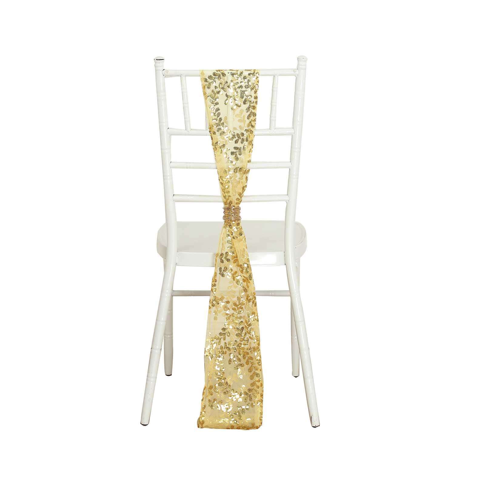 5 Pack Tulle Chair Sashes Gold Leaf Vine Embroidered Sequin 6"x88" - Sophisticated Decorative Design for Events - Image 3