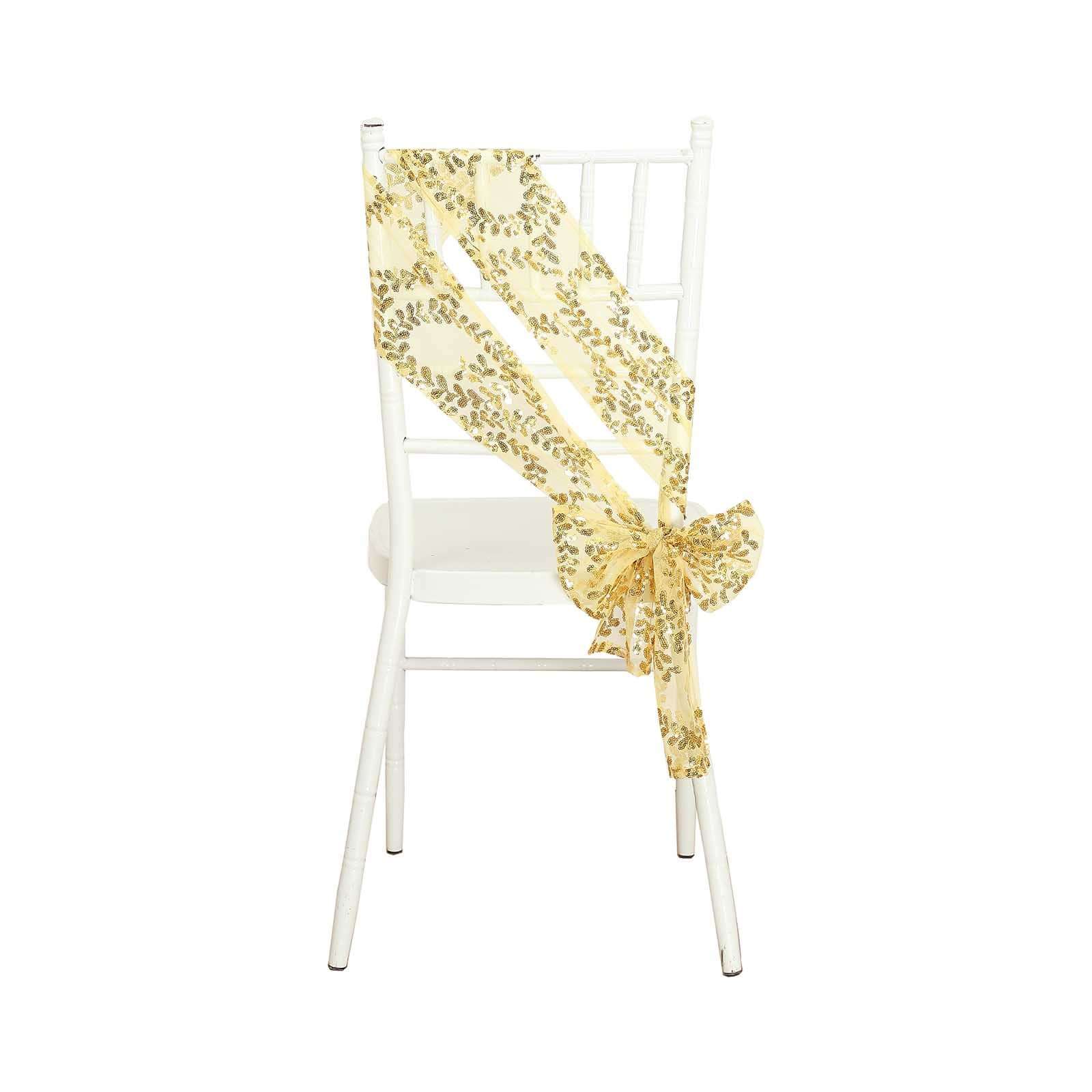 5 Pack Tulle Chair Sashes Gold Leaf Vine Embroidered Sequin 6"x88" - Sophisticated Decorative Design for Events - Image 4