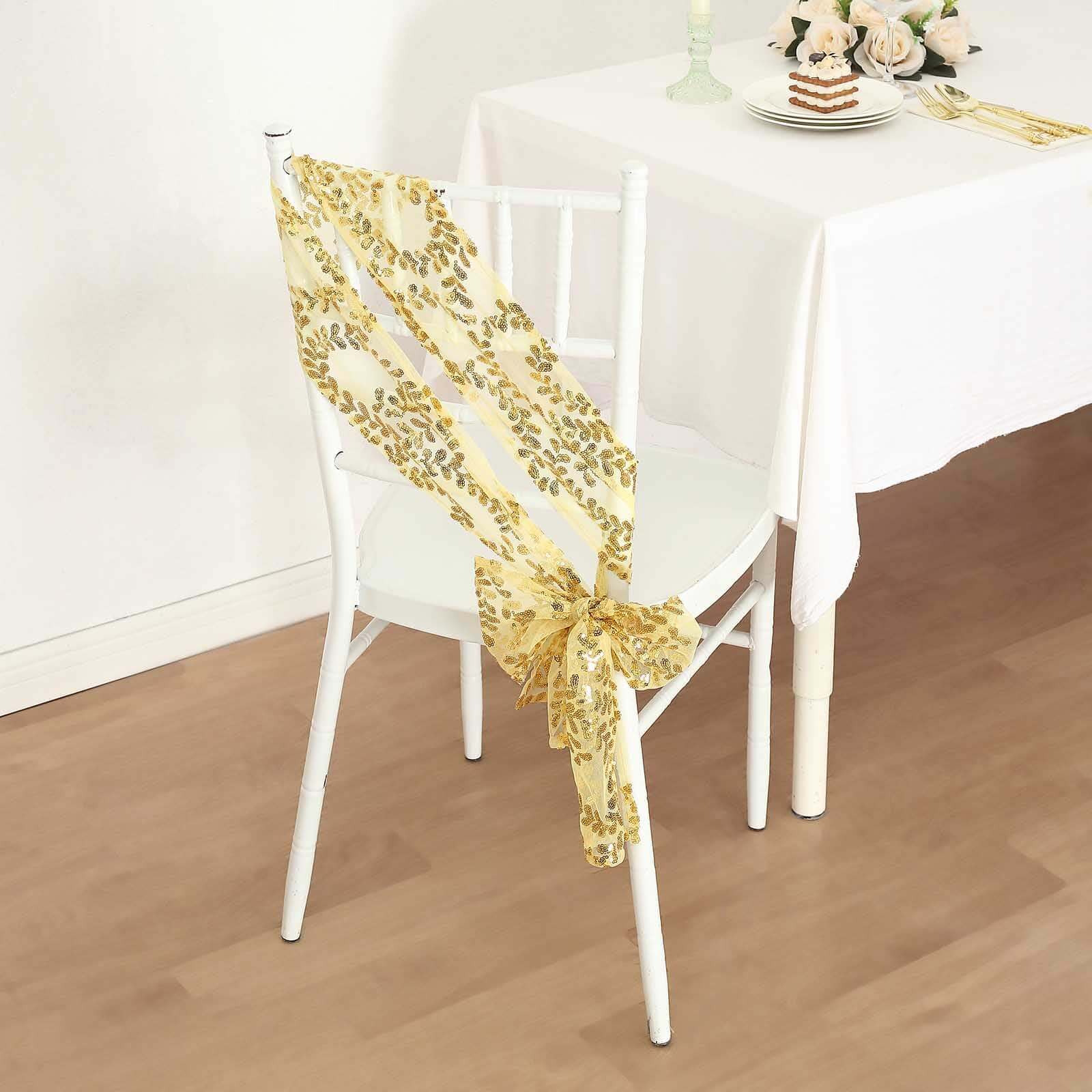 5 Pack Tulle Chair Sashes Gold Leaf Vine Embroidered Sequin 6"x88" - Sophisticated Decorative Design for Events - Image 9