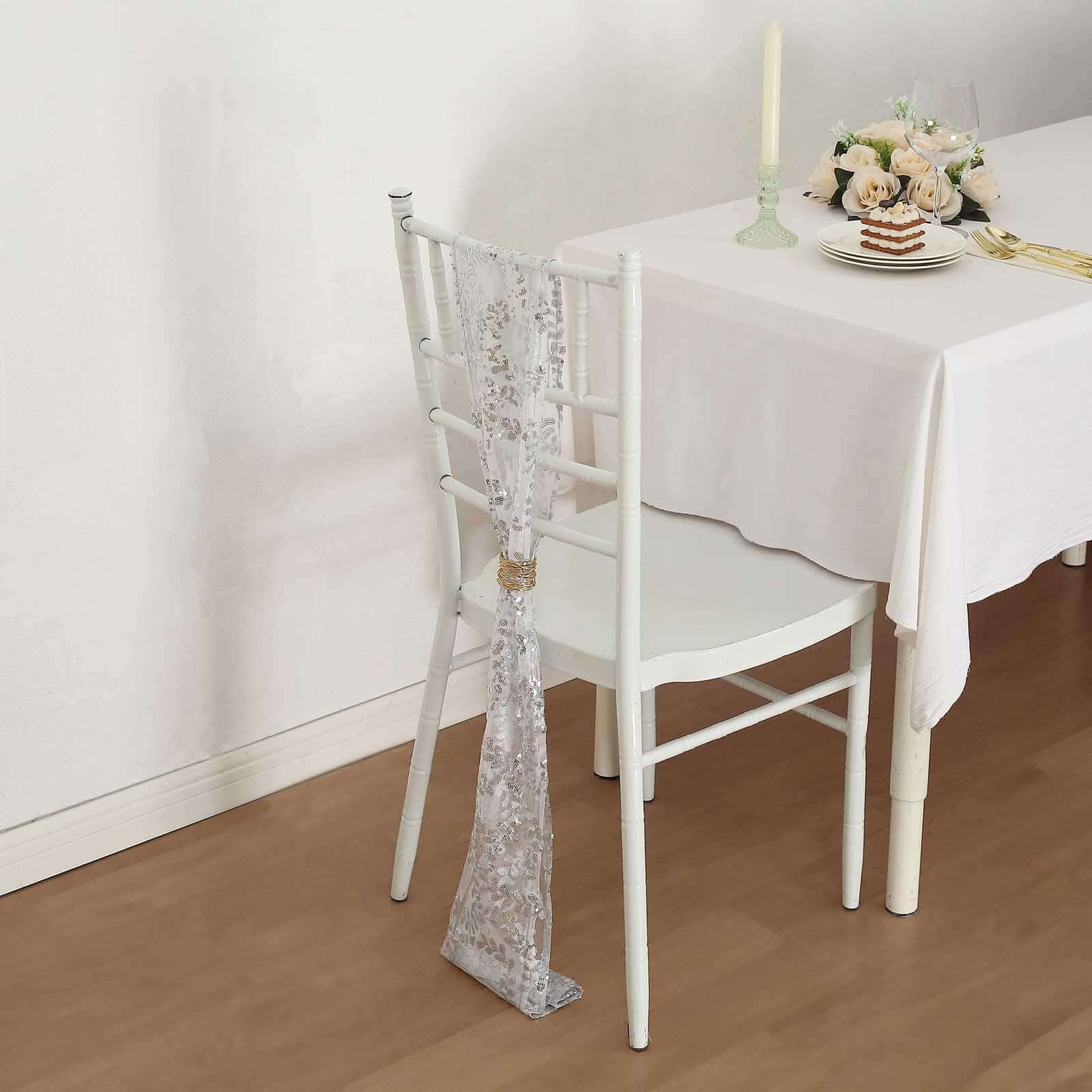 5 Pack Tulle Chair Sashes Silver Leaf Vine Embroidered Sequin 6"x88" - Sophisticated Decorative Design - Image 2