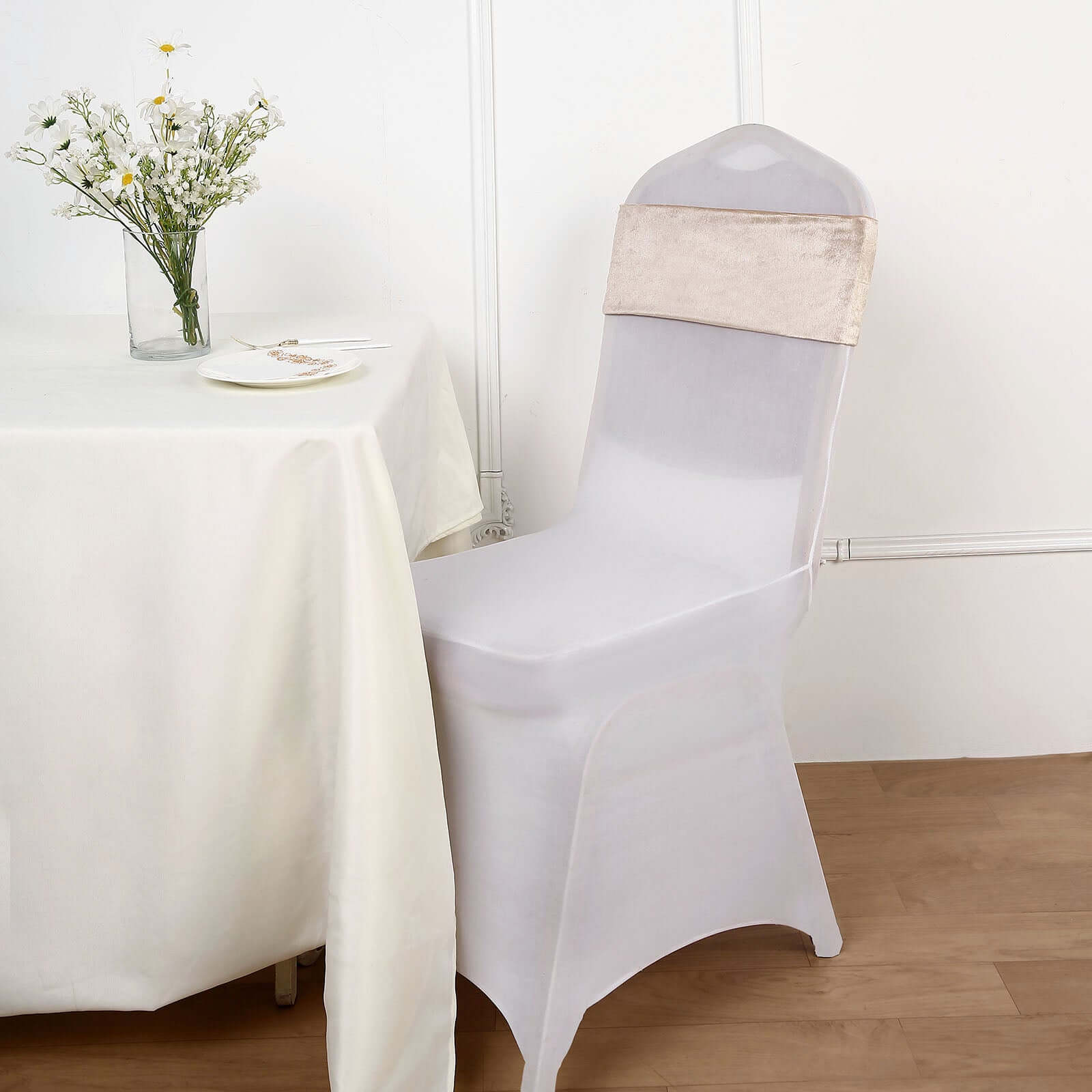 5 Pack Velvet Chair Sashes Champagne with Ruffled Center - Wrinkle-Resistant Stretchy Chair Bands - Image 2
