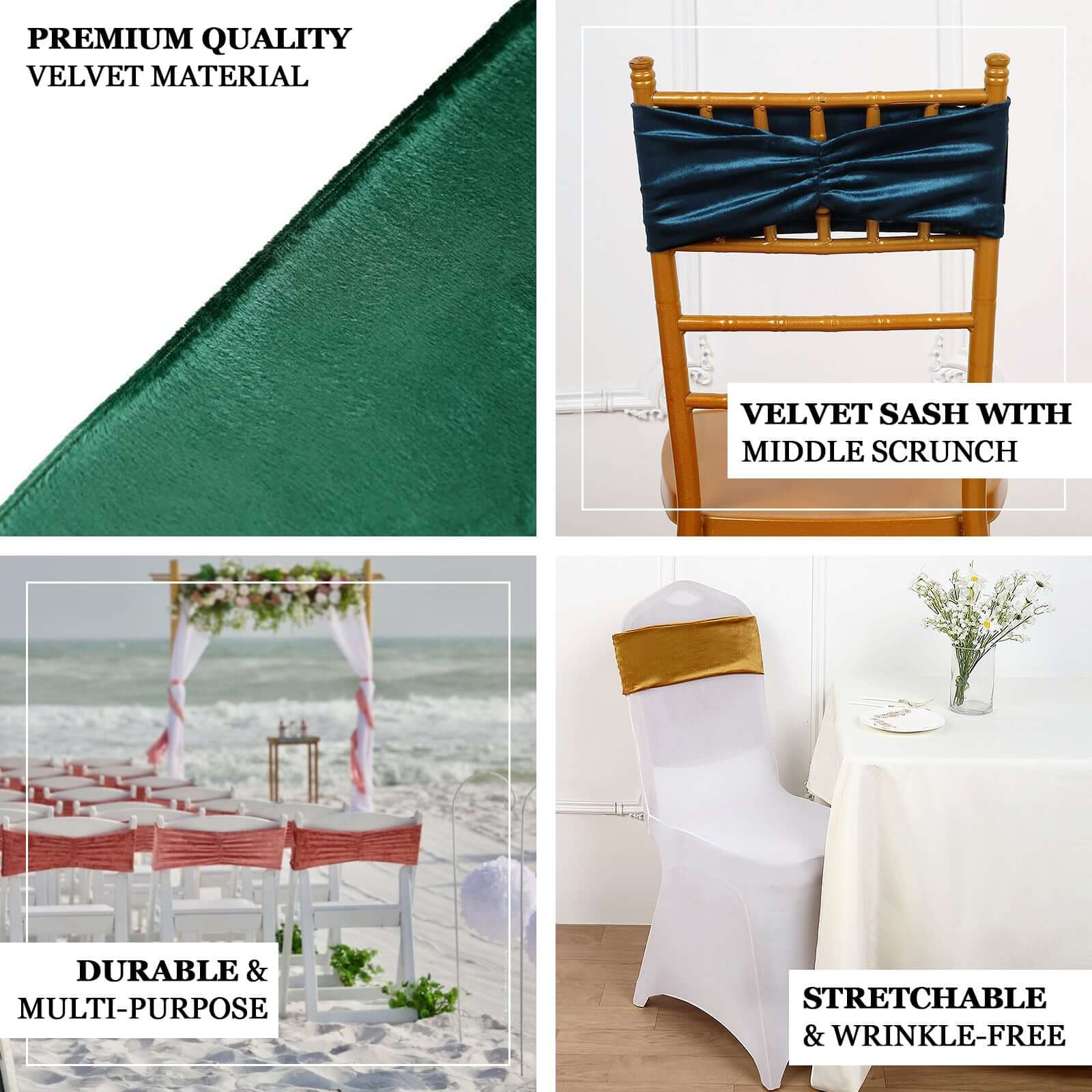 5 Pack Velvet Chair Sashes Champagne with Ruffled Center - Wrinkle-Resistant Stretchy Chair Bands - Image 4