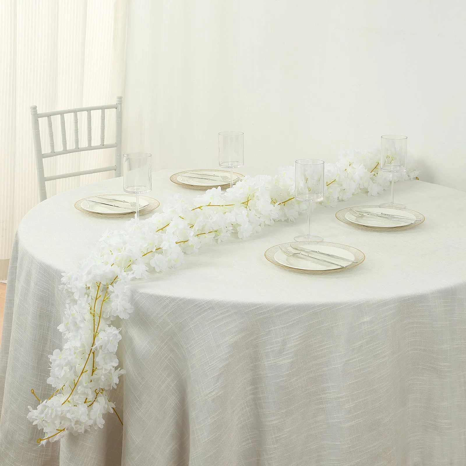 5 Pack White Artificial Cherry Blossom Flowers Garland, Silk Floral Hanging Vines - 6ft - Image 2