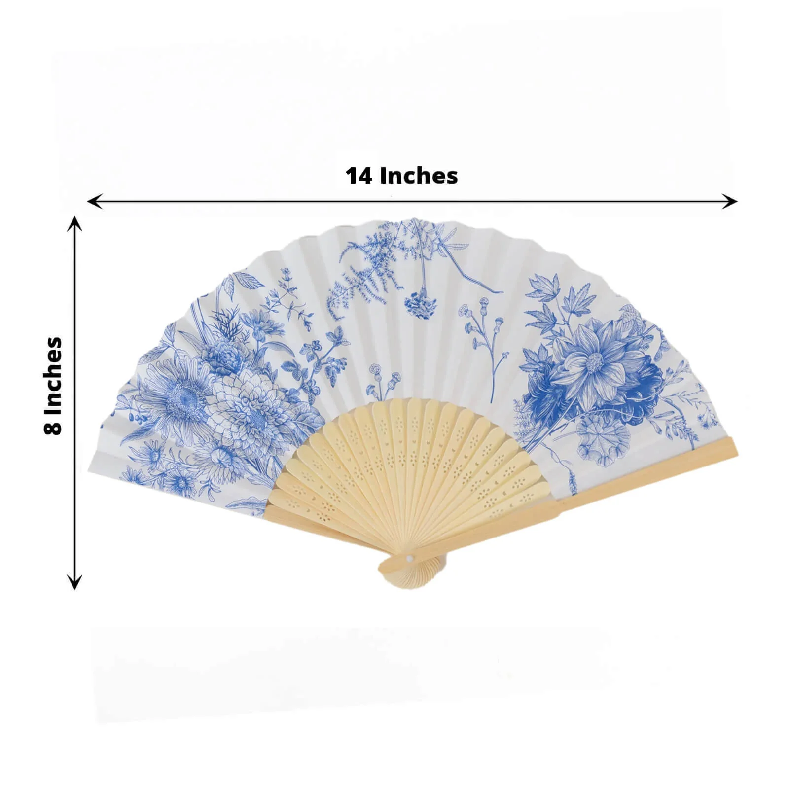 5-Pack Paper Folding Fans in White & Blue French Toile Pattern, Handheld Party Favors Fans with Bamboo Frame - Image 3