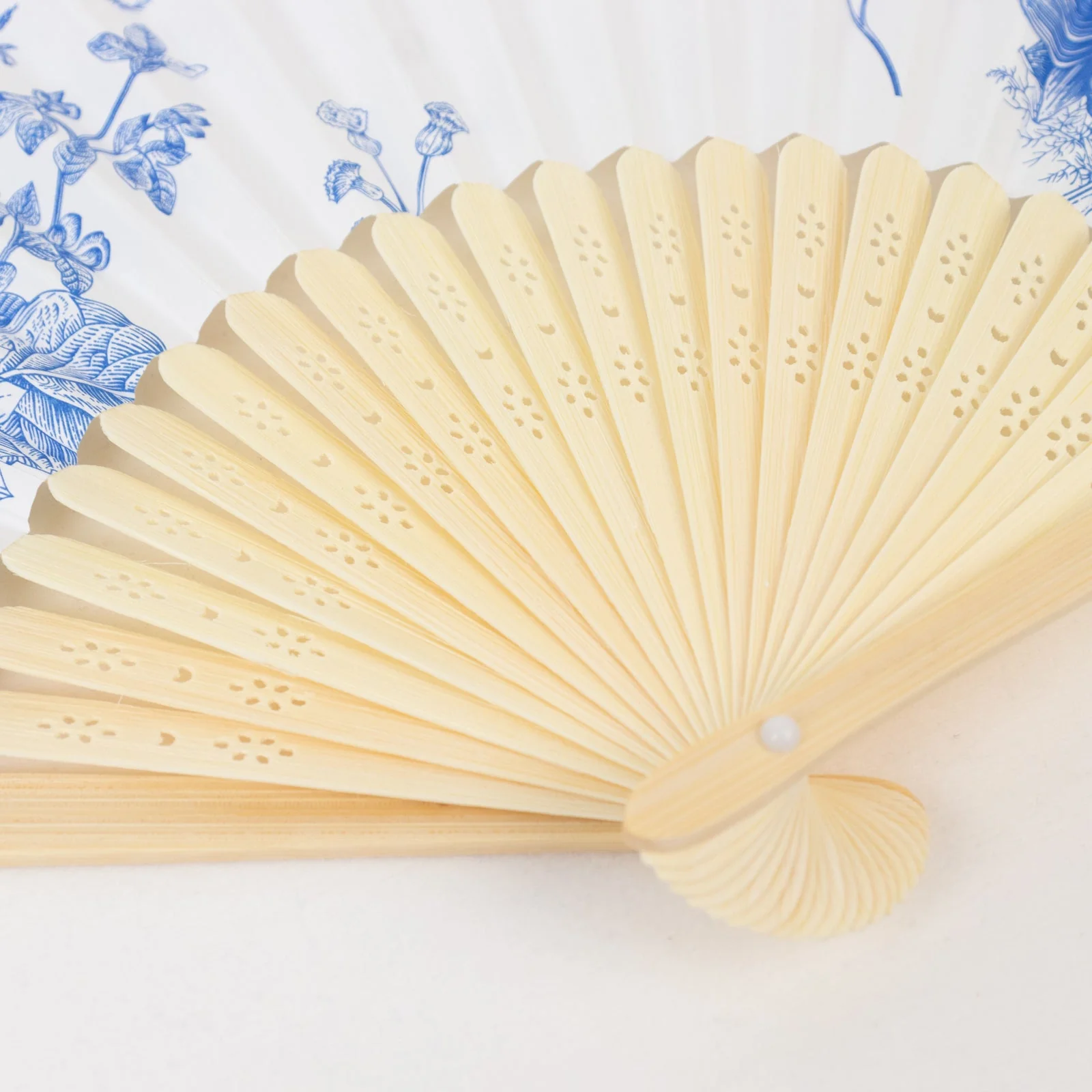 5-Pack Paper Folding Fans in White & Blue French Toile Pattern, Handheld Party Favors Fans with Bamboo Frame - Image 5