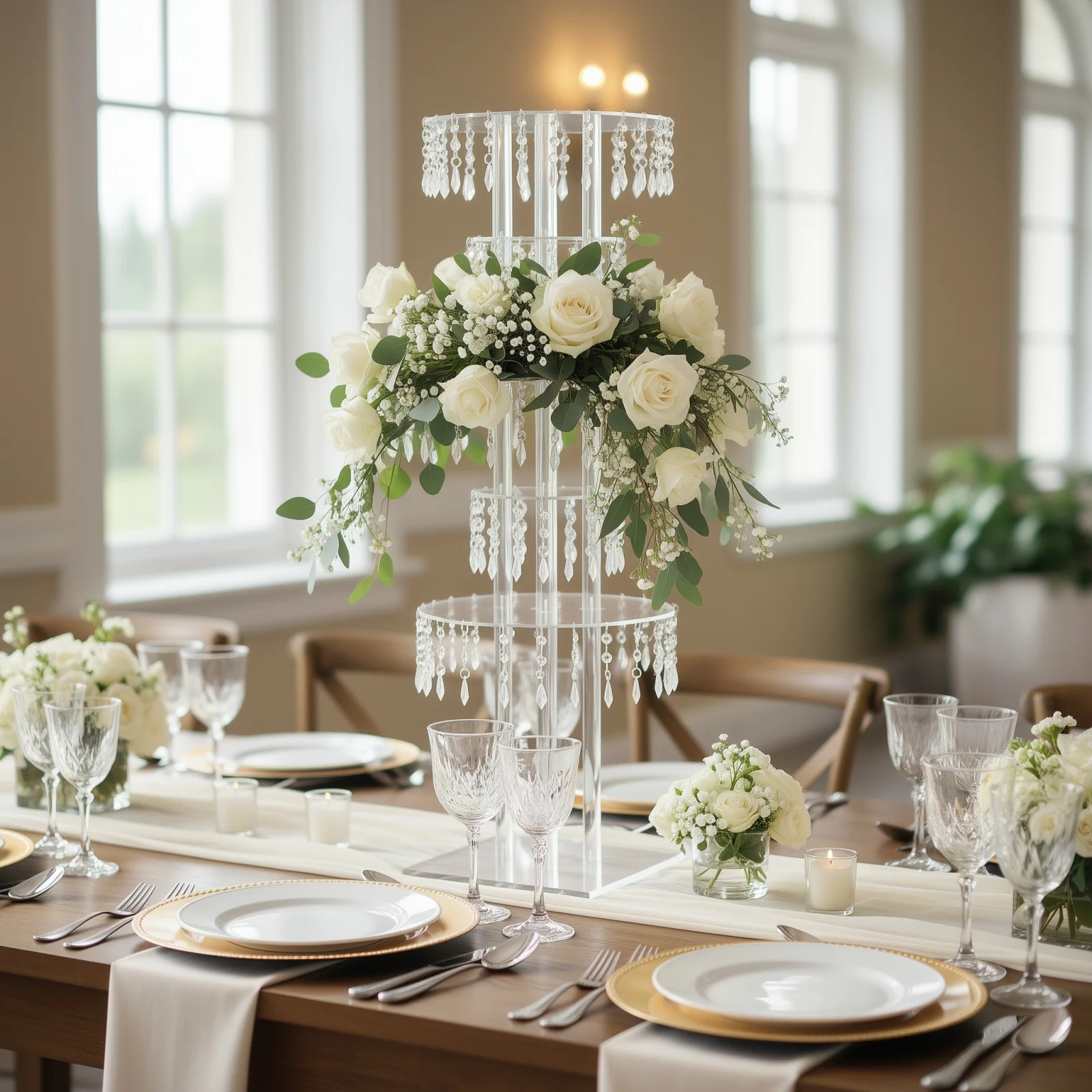5-Tier Acrylic Chandelier Flower Stand with Hanging Crystals – 39" Tall Clear Table Centerpiece Display Tower - Image 5