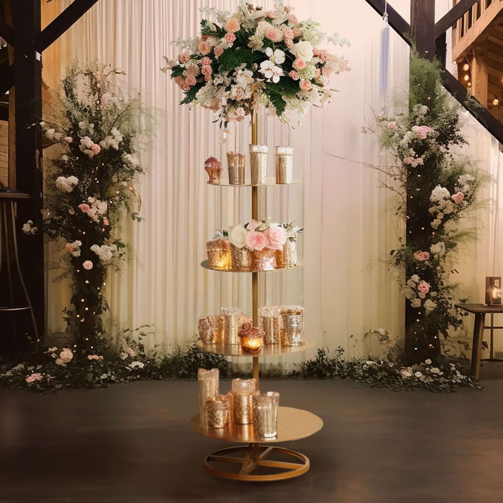 5 Tier Gold Metal Champagne Tower Stand 4.5ft Tall, Round Cupcake Holder Dessert Display Floor Stand - Sturdy Event Centerpiece - Image 2