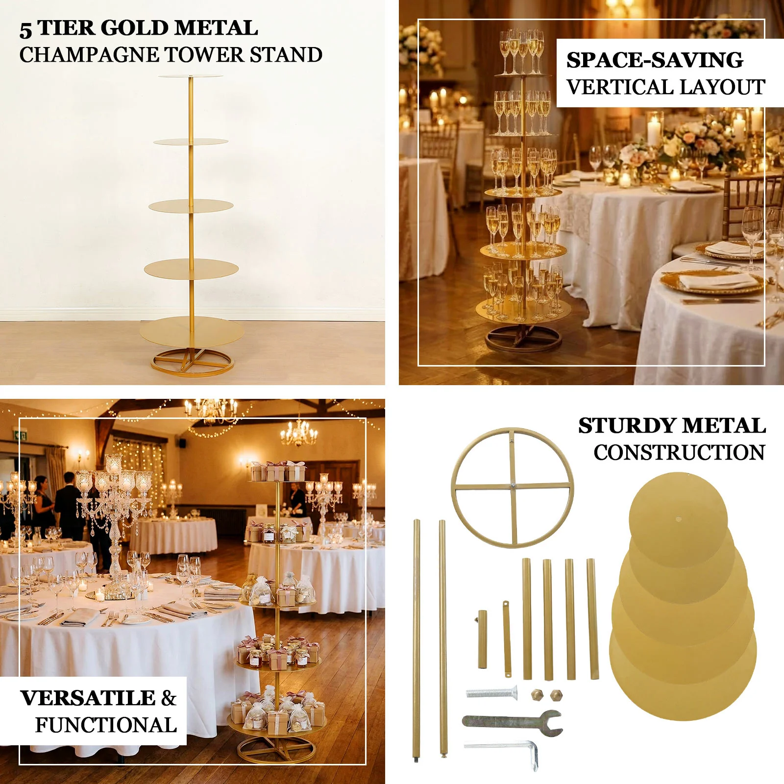5 Tier Gold Metal Champagne Tower Stand 4.5ft Tall, Round Cupcake Holder Dessert Display Floor Stand - Sturdy Event Centerpiece - Image 4