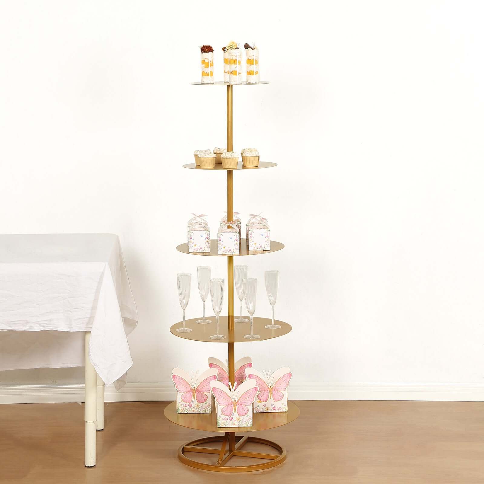 5 Tier Gold Metal Champagne Tower Stand 4.5ft Tall, Round Cupcake Holder Dessert Display Floor Stand - Sturdy Event Centerpiece - Image 6