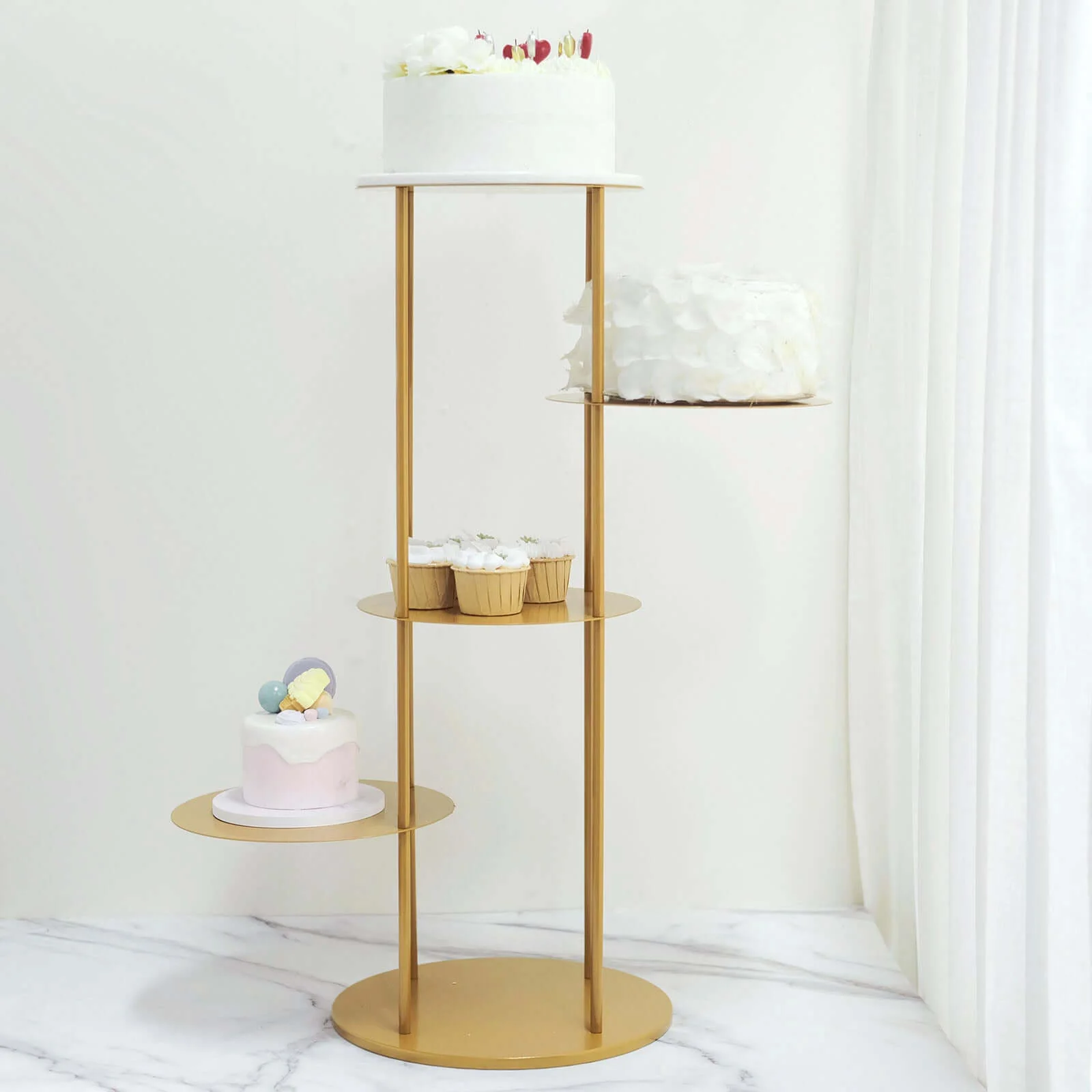 5-Tier Metal Round Cake Stand Centerpiece 2.5ft Gold Pillar Style - Stylish Cupcake Dessert Display Tower Planter Shelf for Baby Showers Birthdays & Upscale Events