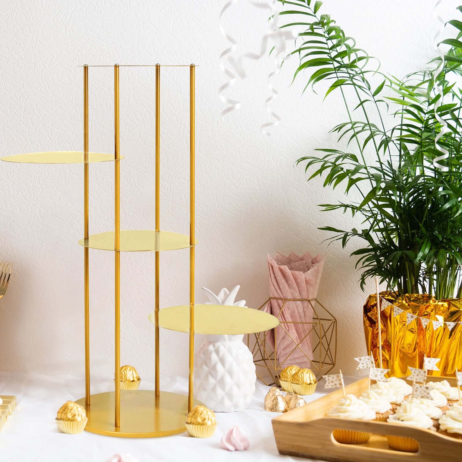 5-Tier Metal Round Cake Stand Centerpiece 2.5ft Gold Pillar Style - Stylish Cupcake Dessert Display Tower Planter Shelf for Baby Showers Birthdays & Upscale Events - Image 2
