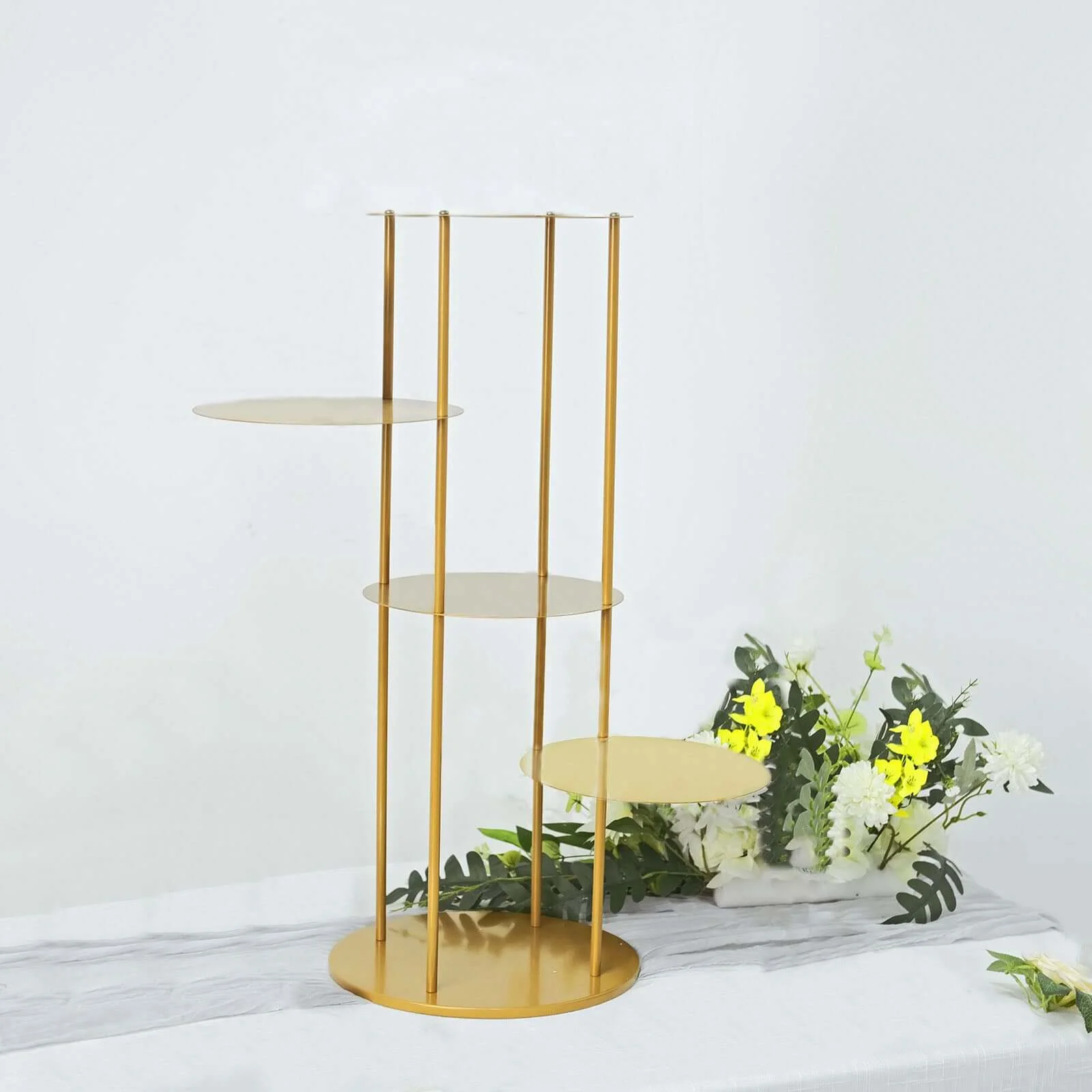 5-Tier Metal Round Cake Stand Centerpiece 2.5ft Gold Pillar Style - Stylish Cupcake Dessert Display Tower Planter Shelf for Baby Showers Birthdays & Upscale Events - Image 4