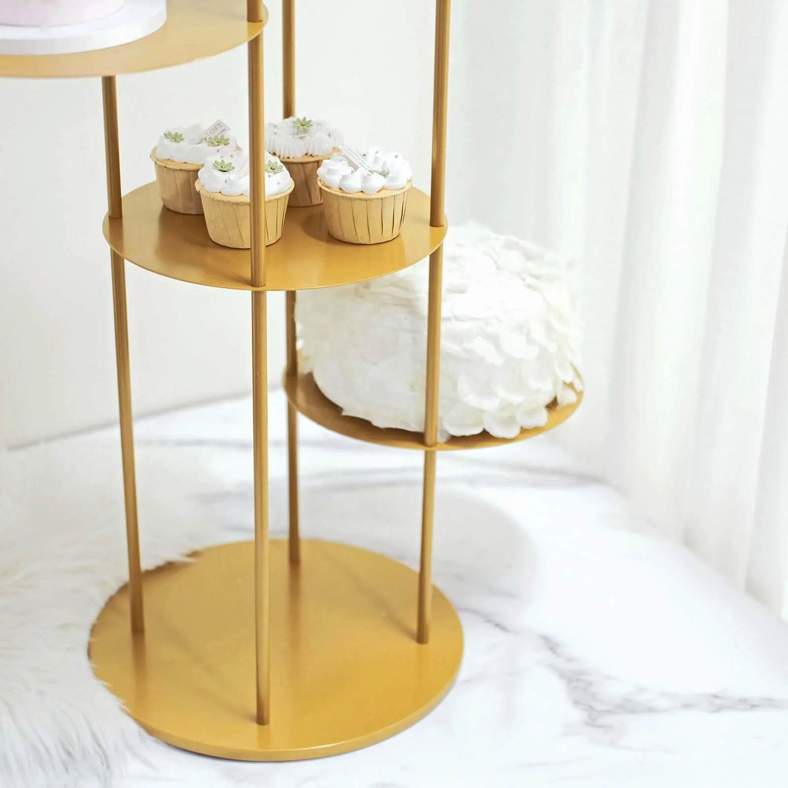5-Tier Metal Round Cake Stand Centerpiece 2.5ft Gold Pillar Style - Stylish Cupcake Dessert Display Tower Planter Shelf for Baby Showers Birthdays & Upscale Events - Image 6