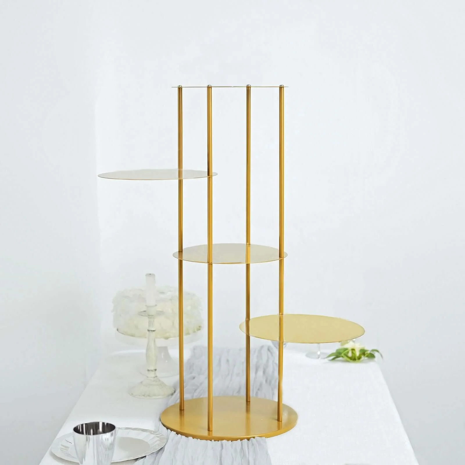 5-Tier Metal Round Cake Stand Centerpiece 2.5ft Gold Pillar Style - Stylish Cupcake Dessert Display Tower Planter Shelf for Baby Showers Birthdays & Upscale Events - Image 8