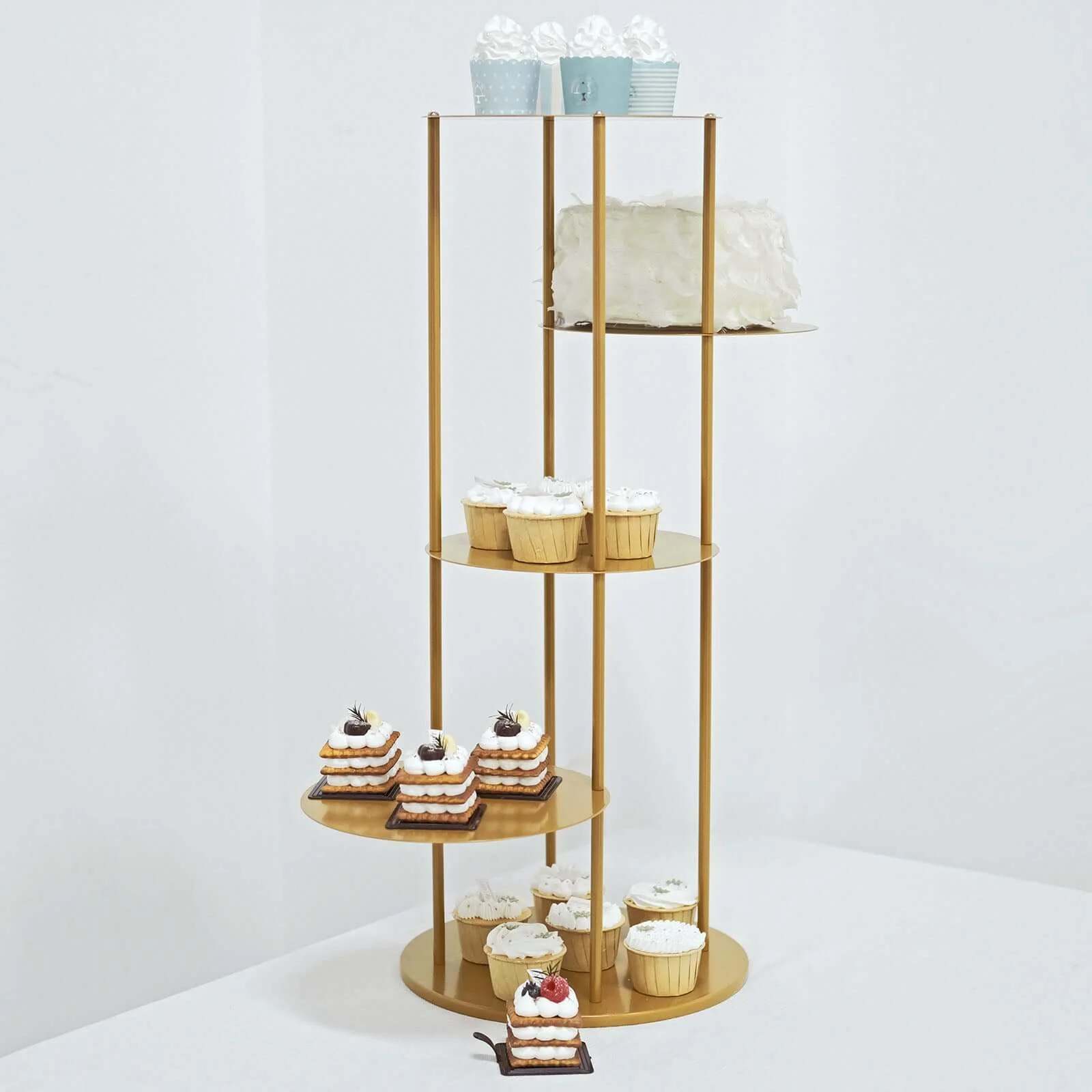 5-Tier Metal Round Cake Stand Centerpiece 2.5ft Gold Pillar Style - Stylish Cupcake Dessert Display Tower Planter Shelf for Baby Showers Birthdays & Upscale Events - Image 9