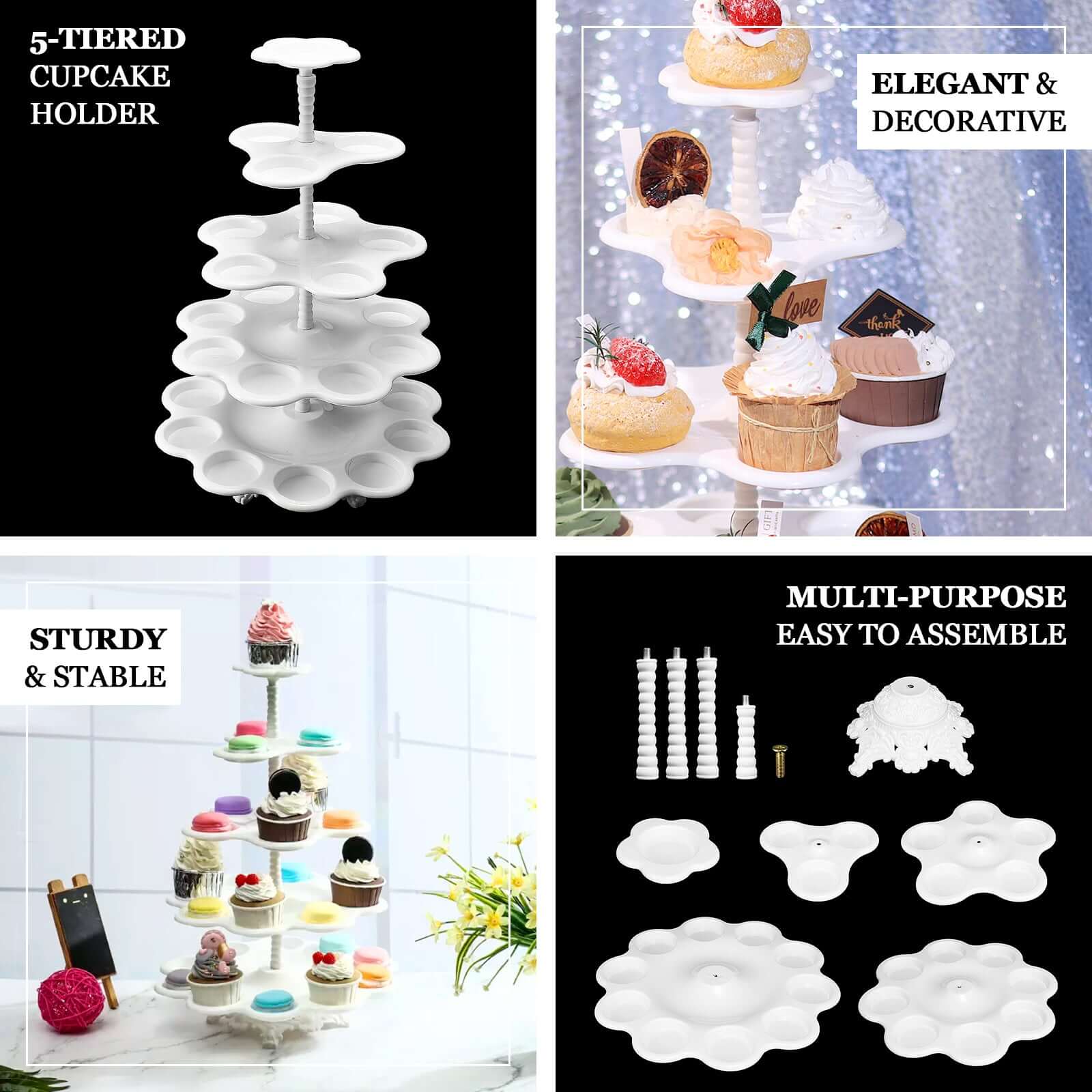 5-Tier Plastic Cupcake Stand Holder 18" White Scalloped Edge Design - Multi-Use Dessert Tower for Stylish Party Treats Display - Image 4