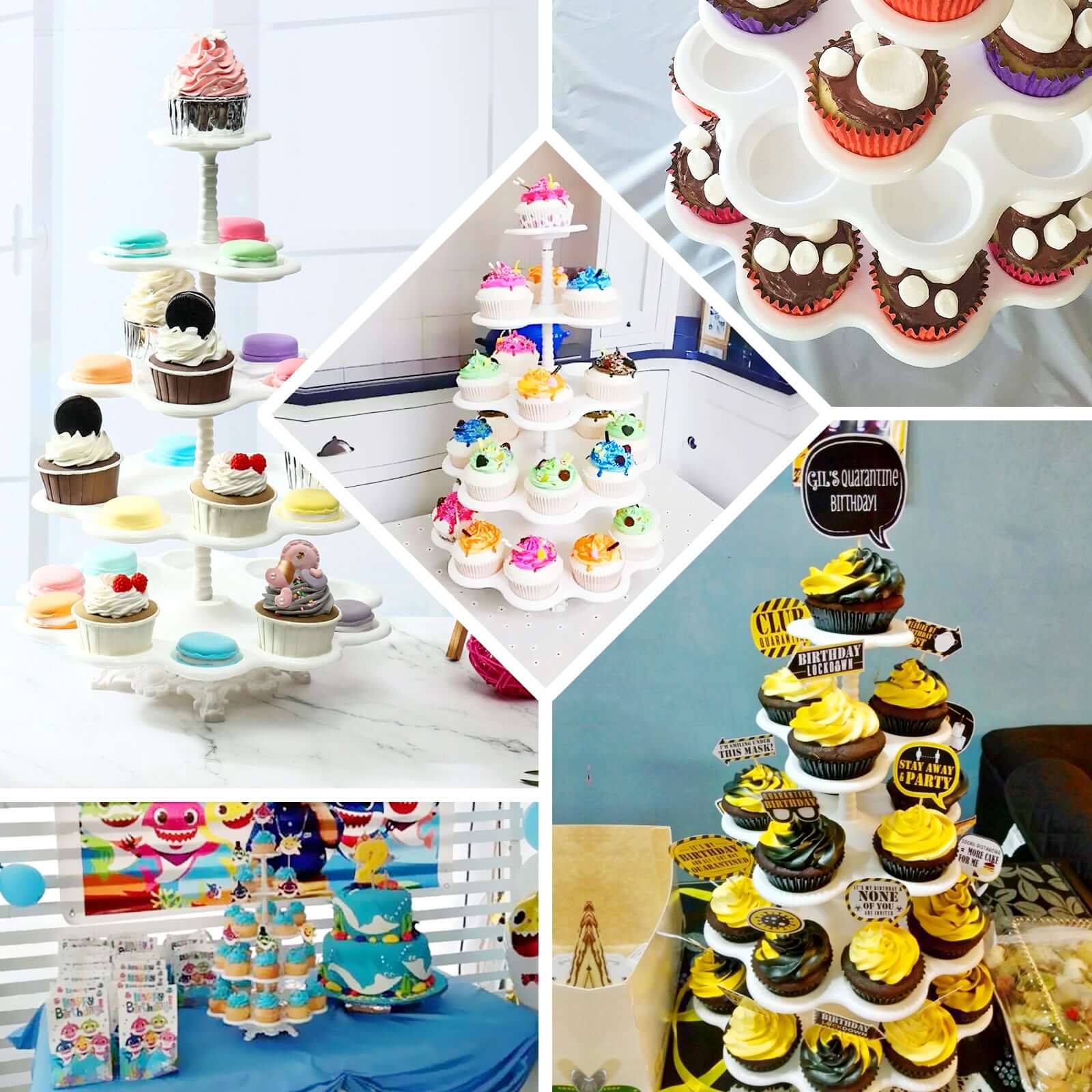 5-Tier Plastic Cupcake Stand Holder 18" White Scalloped Edge Design - Multi-Use Dessert Tower for Stylish Party Treats Display - Image 5