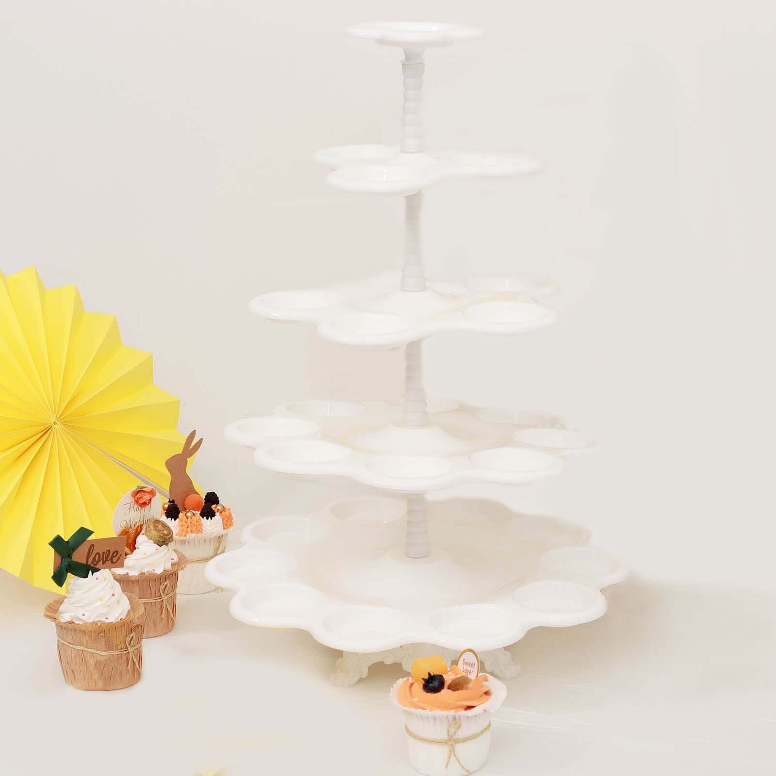 5-Tier Plastic Cupcake Stand Holder 18" White Scalloped Edge Design - Multi-Use Dessert Tower for Stylish Party Treats Display - Image 6