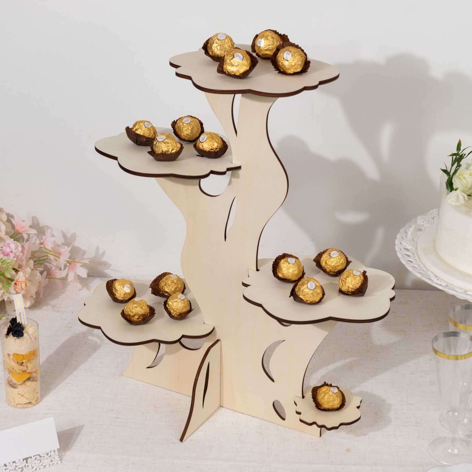 5-Tier Wooden Cake Stand 19" Tall Natural Tree Tower Design with Laser Cut Details - Rustic Cupcake Dessert Display - Image 5