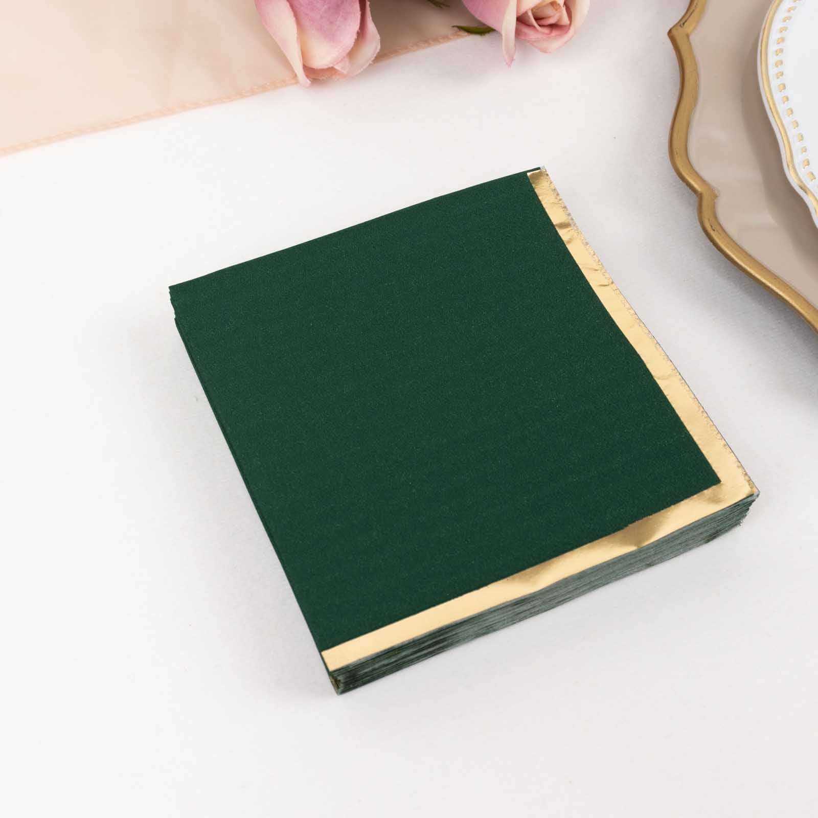 50-Pack Paper Beverage Napkins 2 Ply Hunter Emerald Green with Gold Foil Edge 5"x5" - Soft Disposable Cocktail Napkins 18GSM