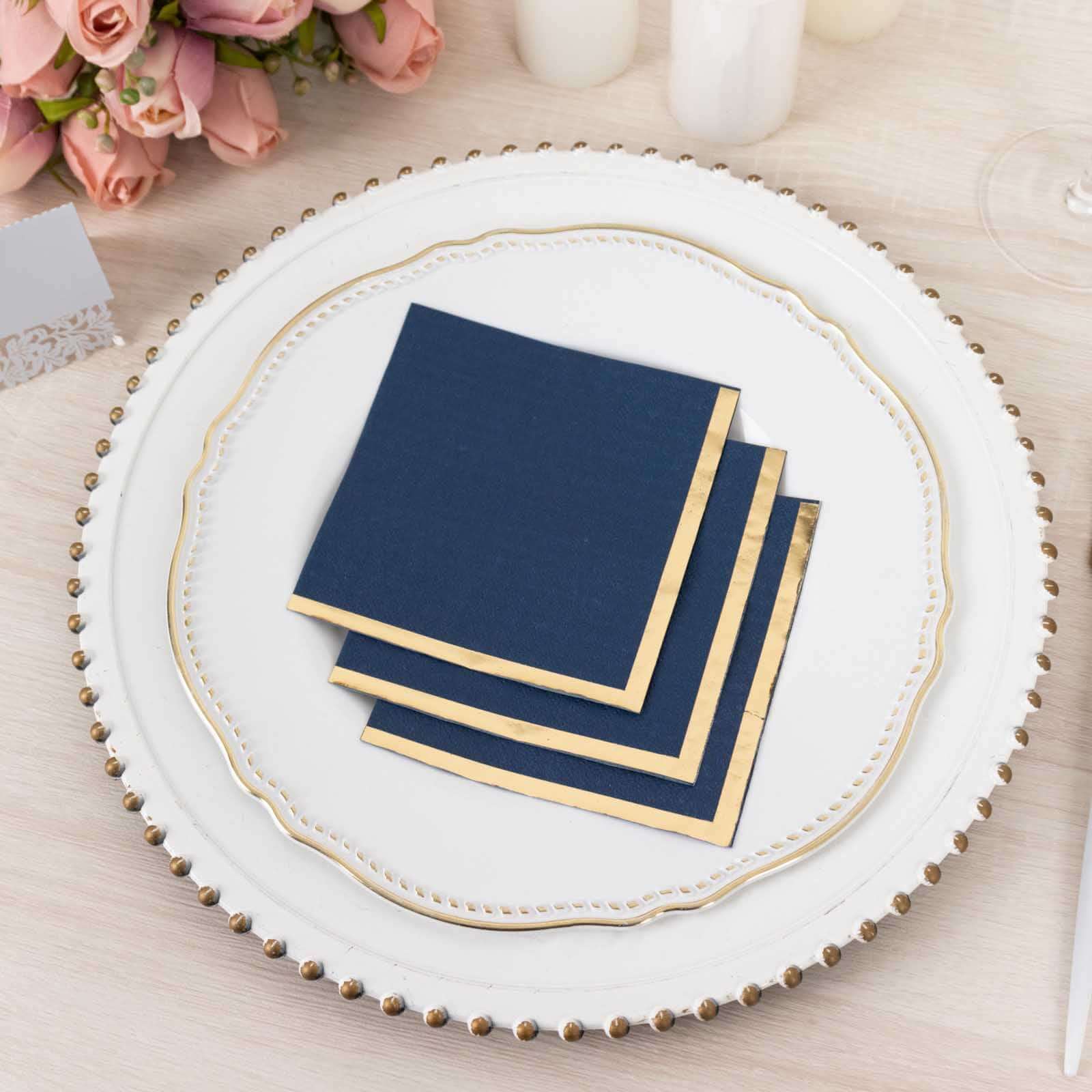 50-Pack Paper Beverage Napkins 2 Ply Navy Blue with Gold Foil Edge 5"x5" - Soft Disposable Cocktail Napkins 18GSM - Image 2