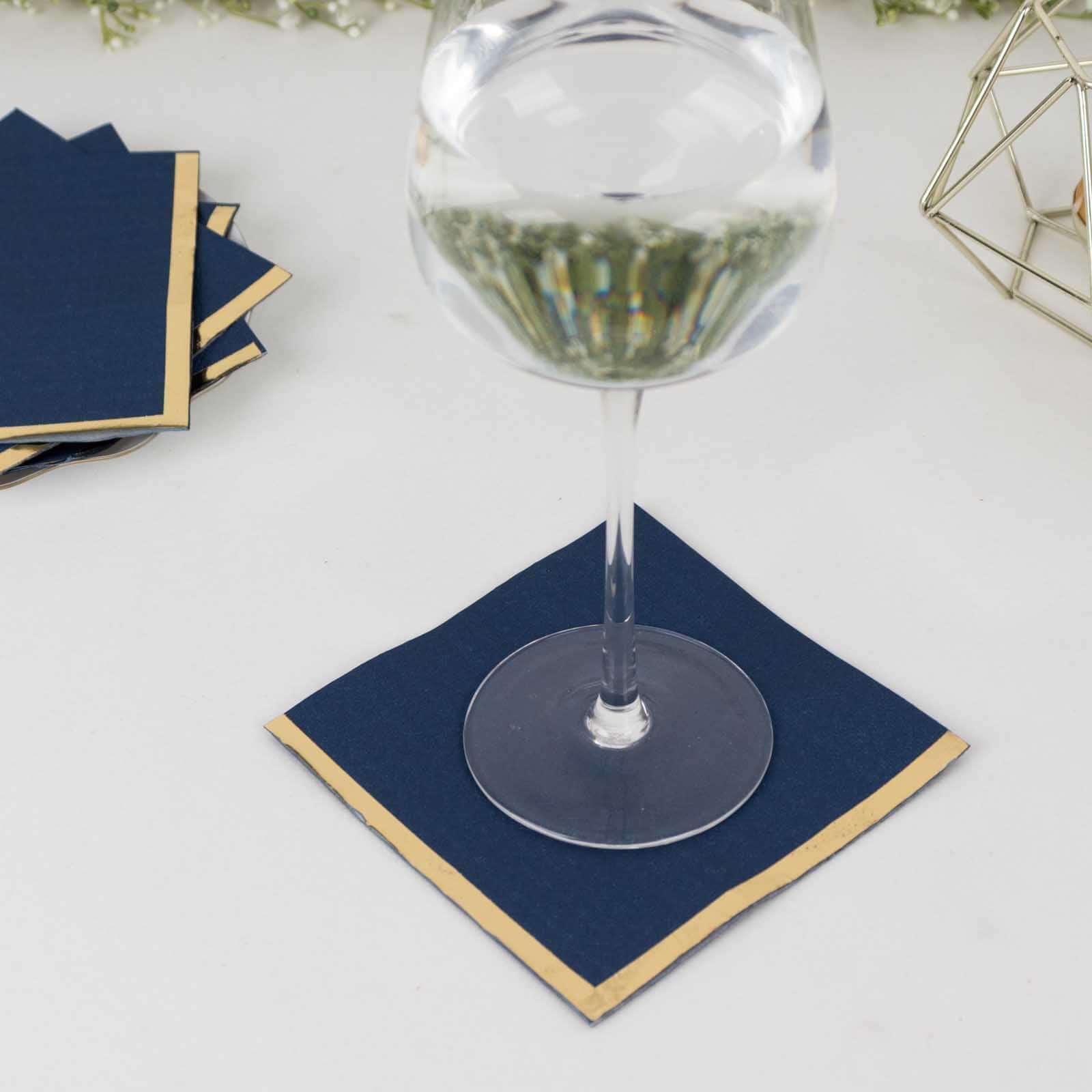 50-Pack Paper Beverage Napkins 2 Ply Navy Blue with Gold Foil Edge 5"x5" - Soft Disposable Cocktail Napkins 18GSM - Image 4