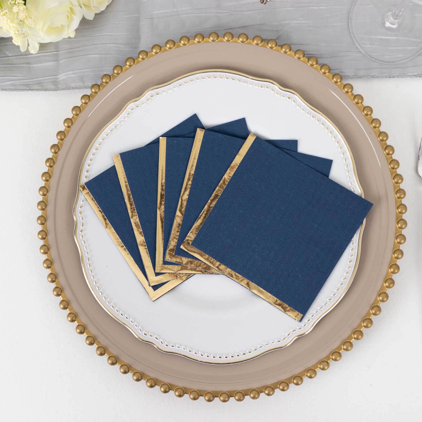 50-Pack Paper Beverage Napkins 2 Ply Navy Blue with Gold Foil Edge 5"x5" - Soft Disposable Cocktail Napkins 18GSM - Image 5