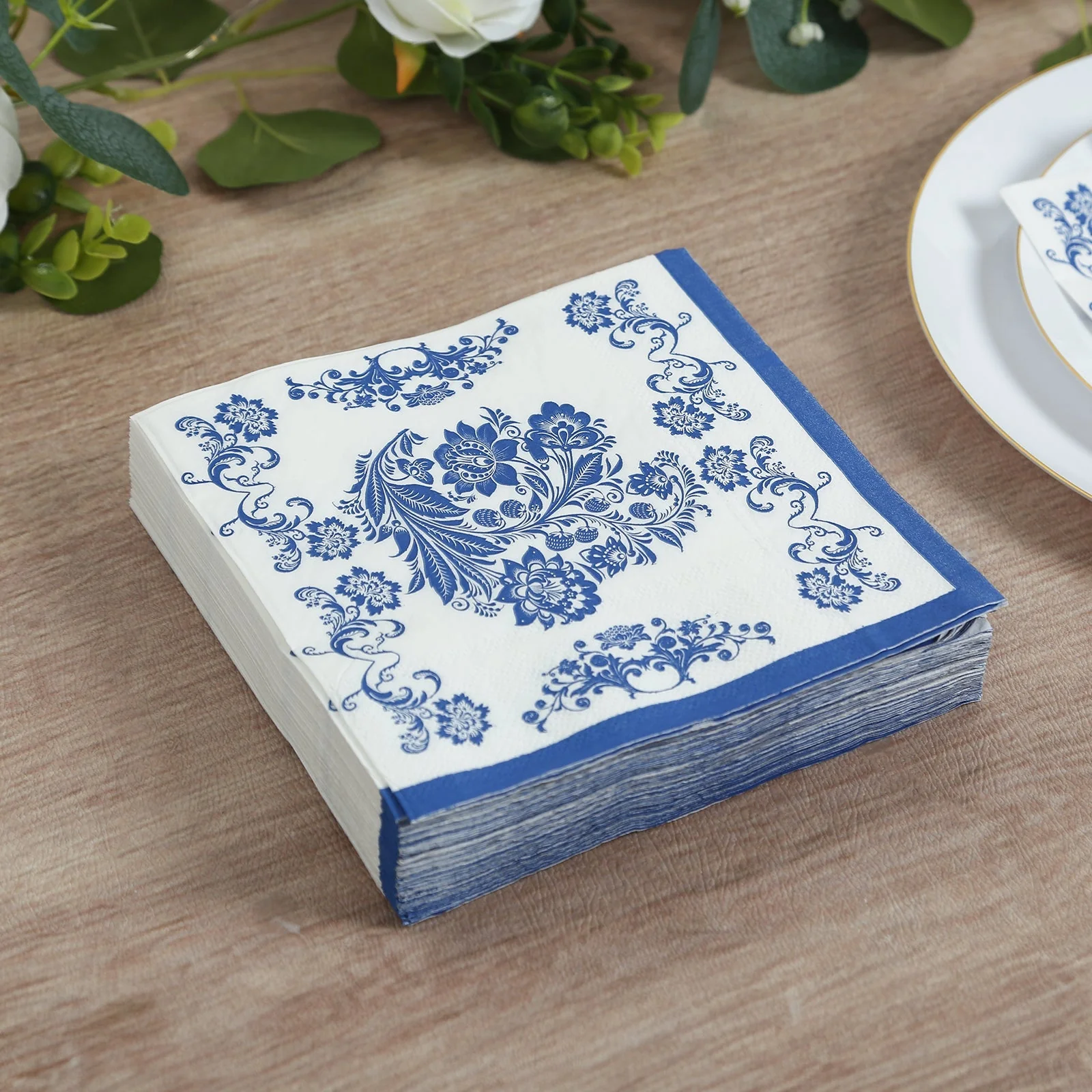 50 Pack 2-Ply Paper Cocktail Napkins in White Royal Blue Damask Pattern, Disposable Beverage Napkins - Highly Absorbent & Soft
