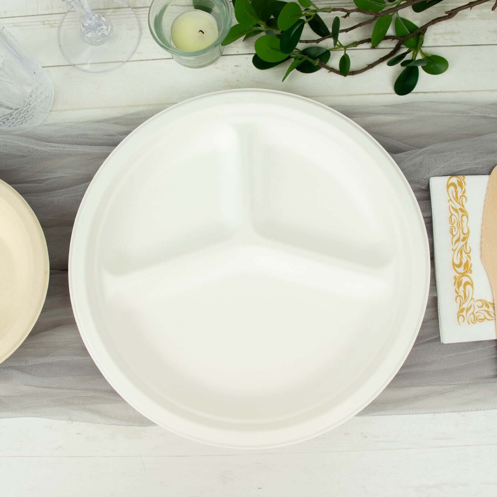 50-Pack Bagasse Round Dinner Plates 10" White with 3-Compartments - Eco Friendly Disposable Sugarcane Divided Plates for Meal Prep & Portion Control - Image 10
