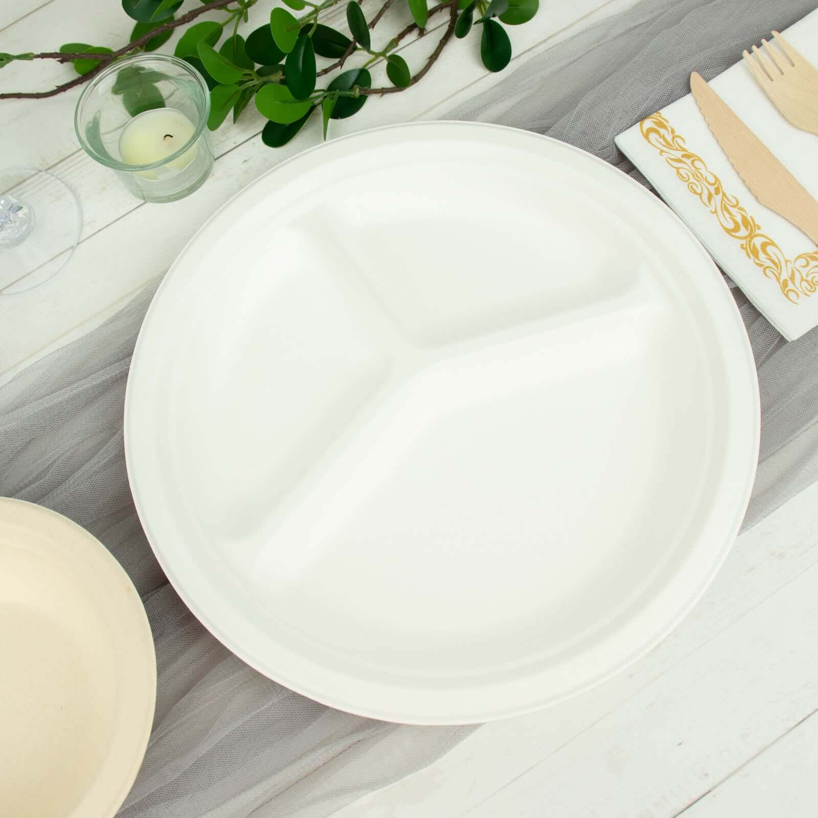 50-Pack Bagasse Round Dinner Plates 10" White with 3-Compartments - Eco Friendly Disposable Sugarcane Divided Plates for Meal Prep & Portion Control - Image 11
