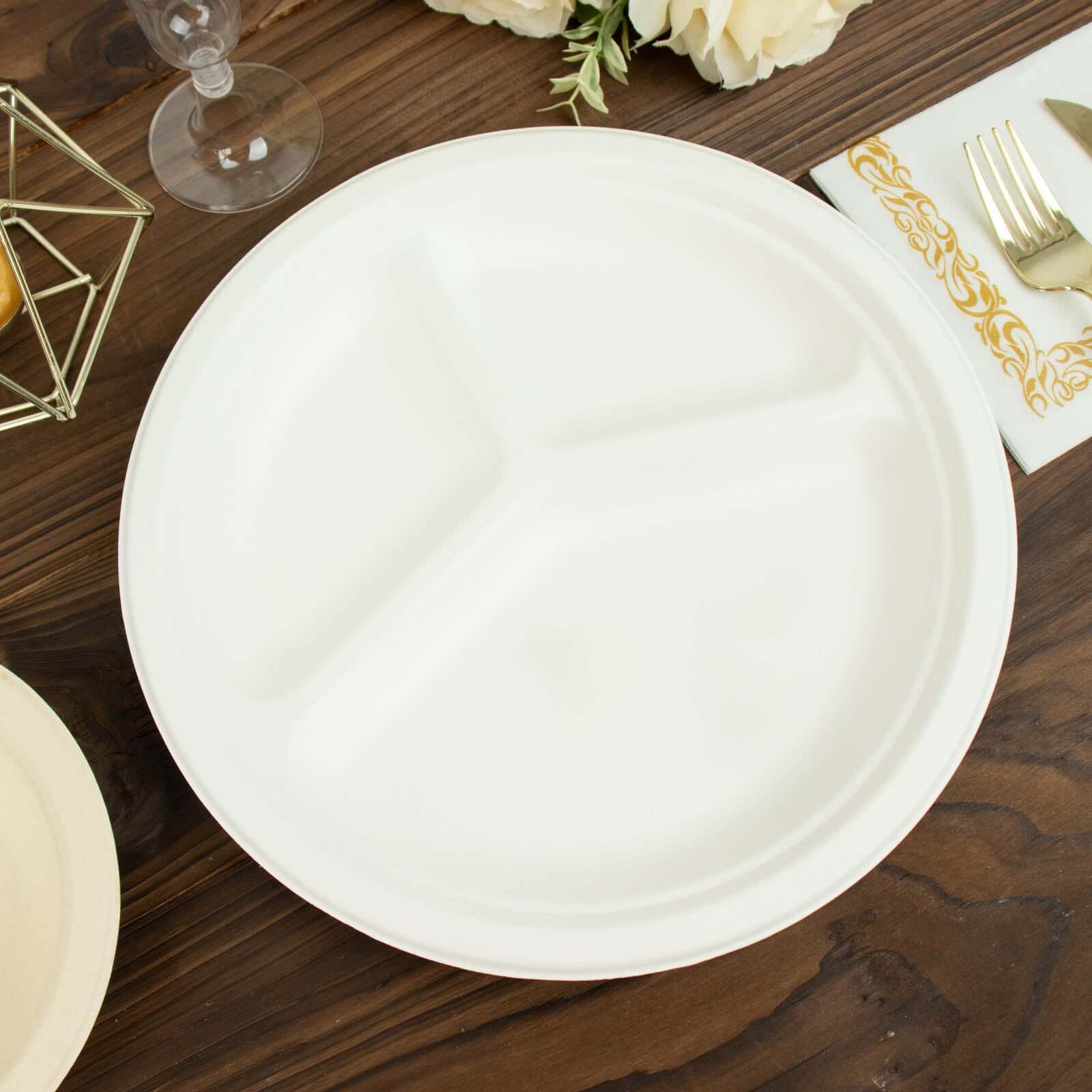50-Pack Bagasse Round Dinner Plates 10" White with 3-Compartments - Eco Friendly Disposable Sugarcane Divided Plates for Meal Prep & Portion Control - Image 12
