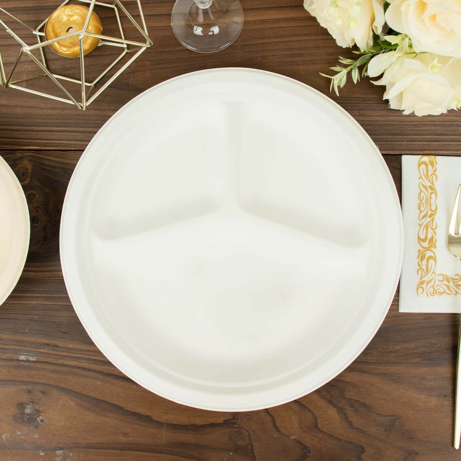 50-Pack Bagasse Round Dinner Plates 10" White with 3-Compartments - Eco Friendly Disposable Sugarcane Divided Plates for Meal Prep & Portion Control - Image 6