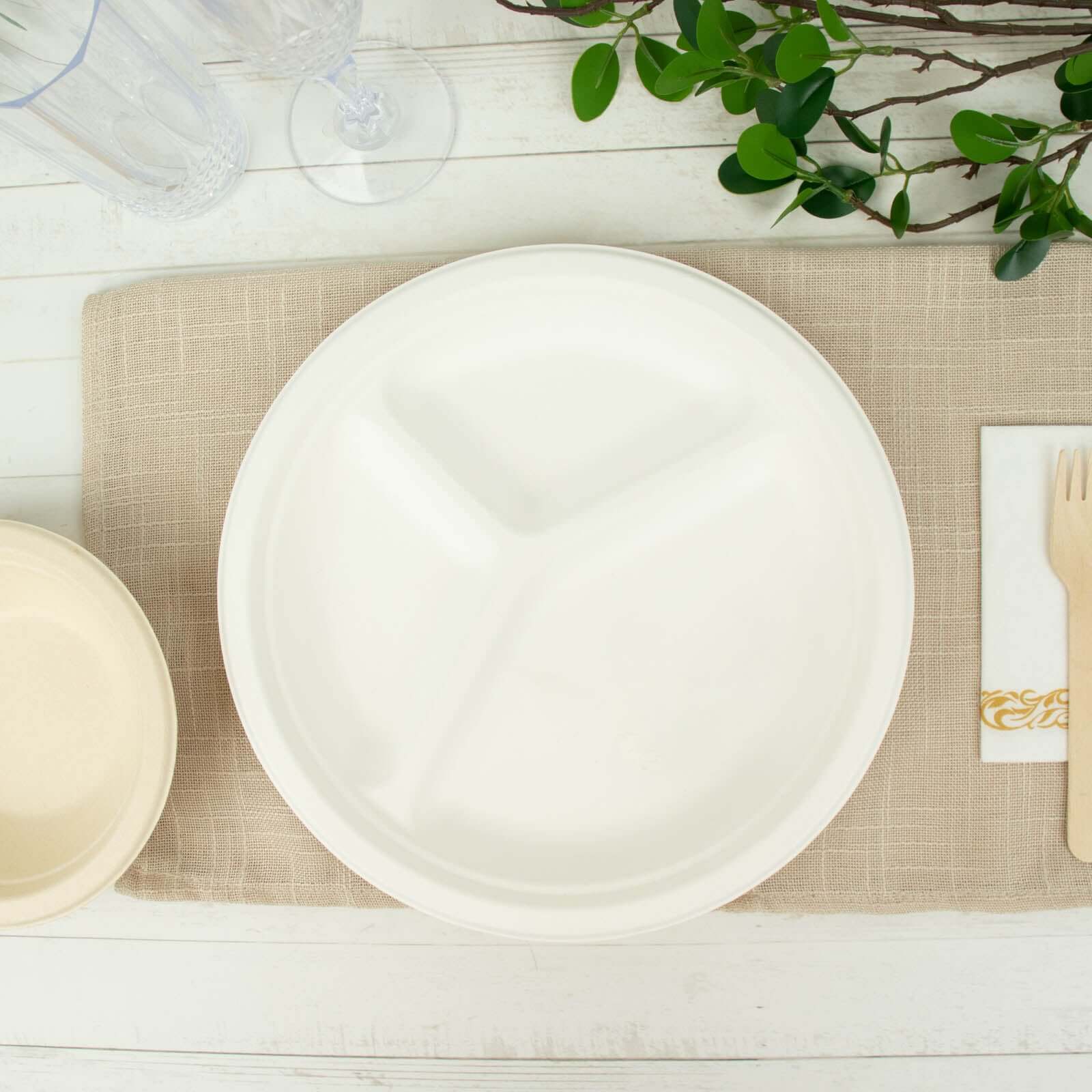 50-Pack Bagasse Round Dinner Plates 10" White with 3-Compartments - Eco Friendly Disposable Sugarcane Divided Plates for Meal Prep & Portion Control - Image 8