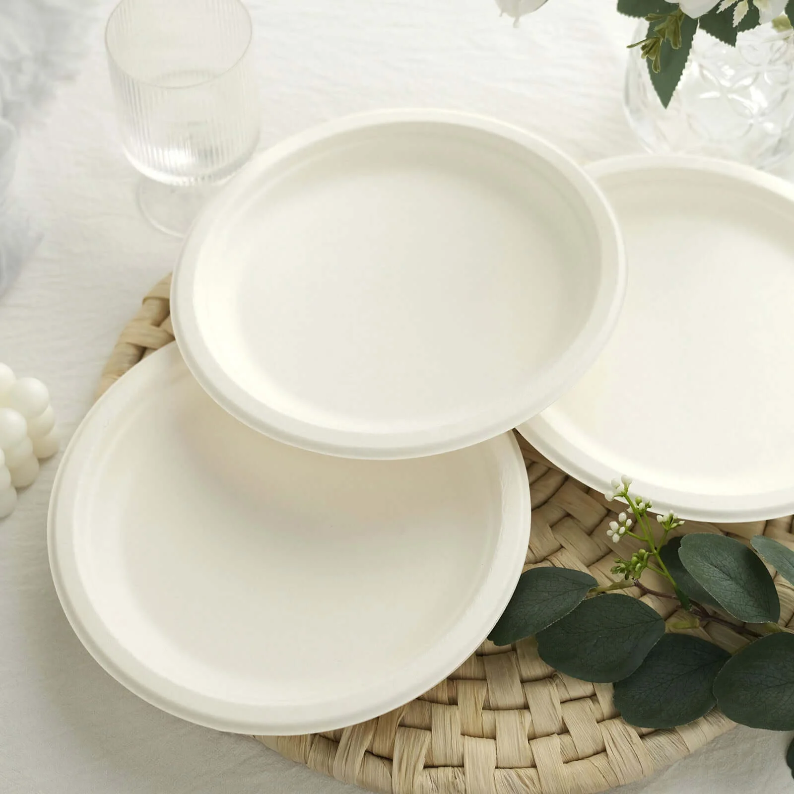 50-Pack Bagasse Round Dinner Plates 9" White Biodegradable - Eco-friendly Disposable Sugarcane Party Plates for Weddings & Nature Inspired Events - Image 10