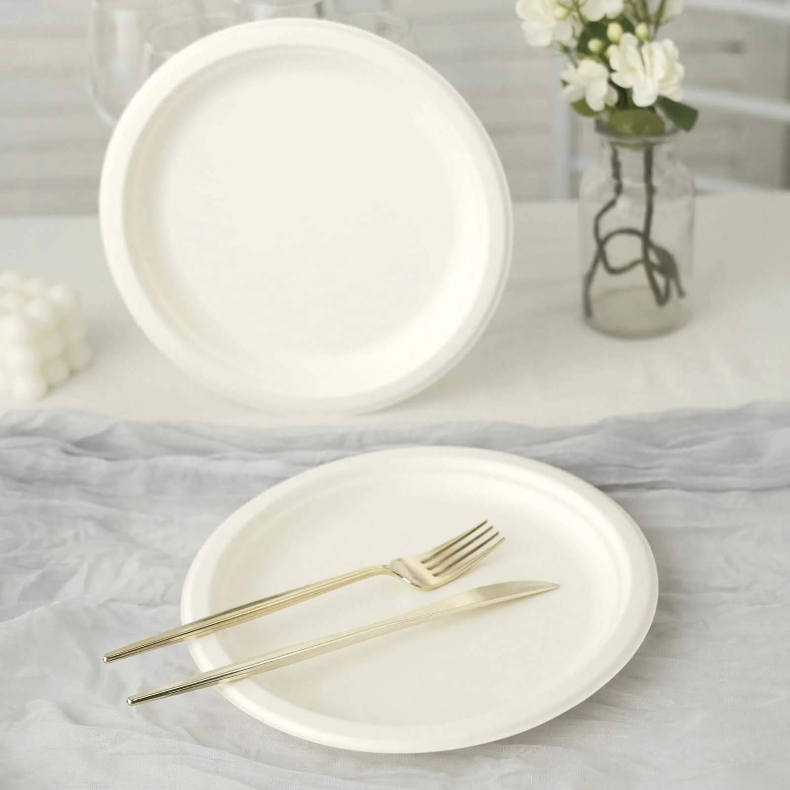 50-Pack Bagasse Round Dinner Plates 9" White Biodegradable - Eco-friendly Disposable Sugarcane Party Plates for Weddings & Nature Inspired Events - Image 6