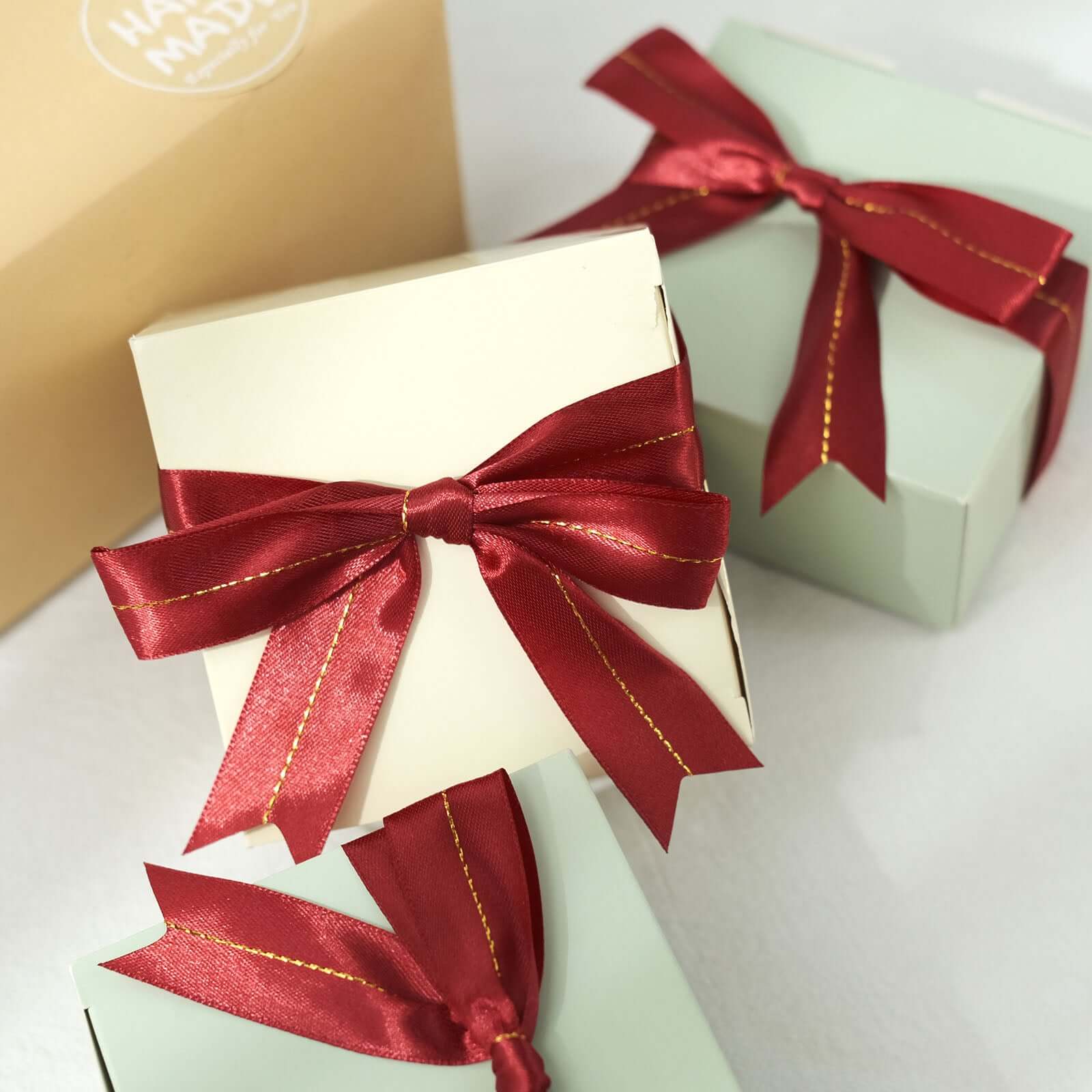 50 Pack Burgundy Pre Tied Satin Ribbon Bows With Gold Foil Lining For Gift Basket and Party Favors Decor 10" - Image 5