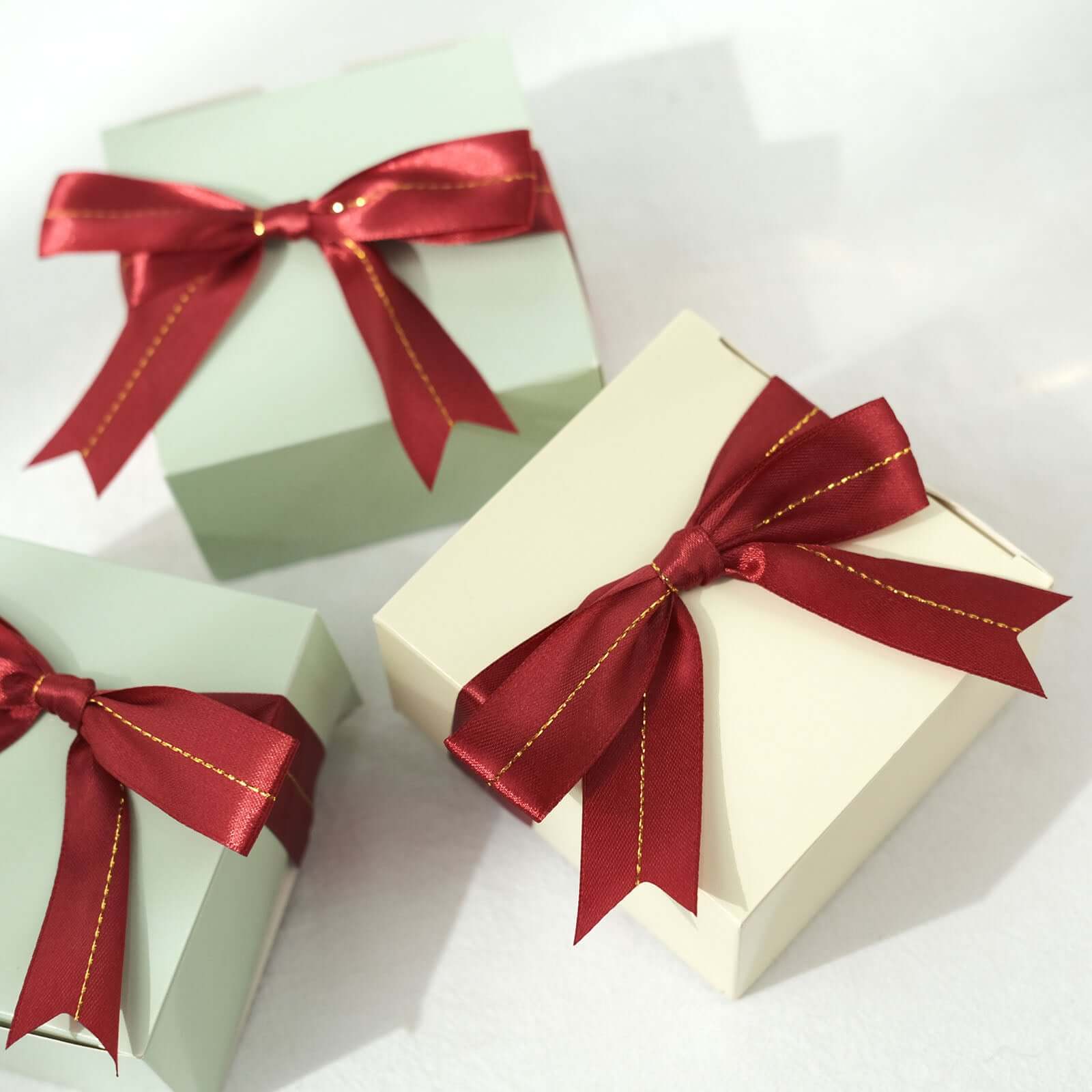 50 Pack Burgundy Pre Tied Satin Ribbon Bows With Gold Foil Lining For Gift Basket and Party Favors Decor 10" - Image 9