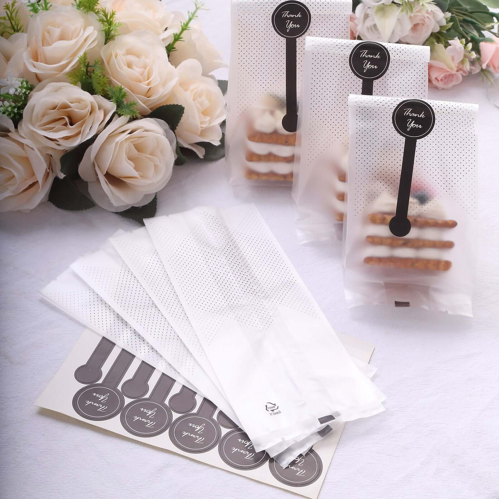 50 Pack Clear Black Dotted Plastic Party Favor Treat Bags with "Thank You" Paper Stickers, Rectangular Goodie Gift Bags - 3"x9"