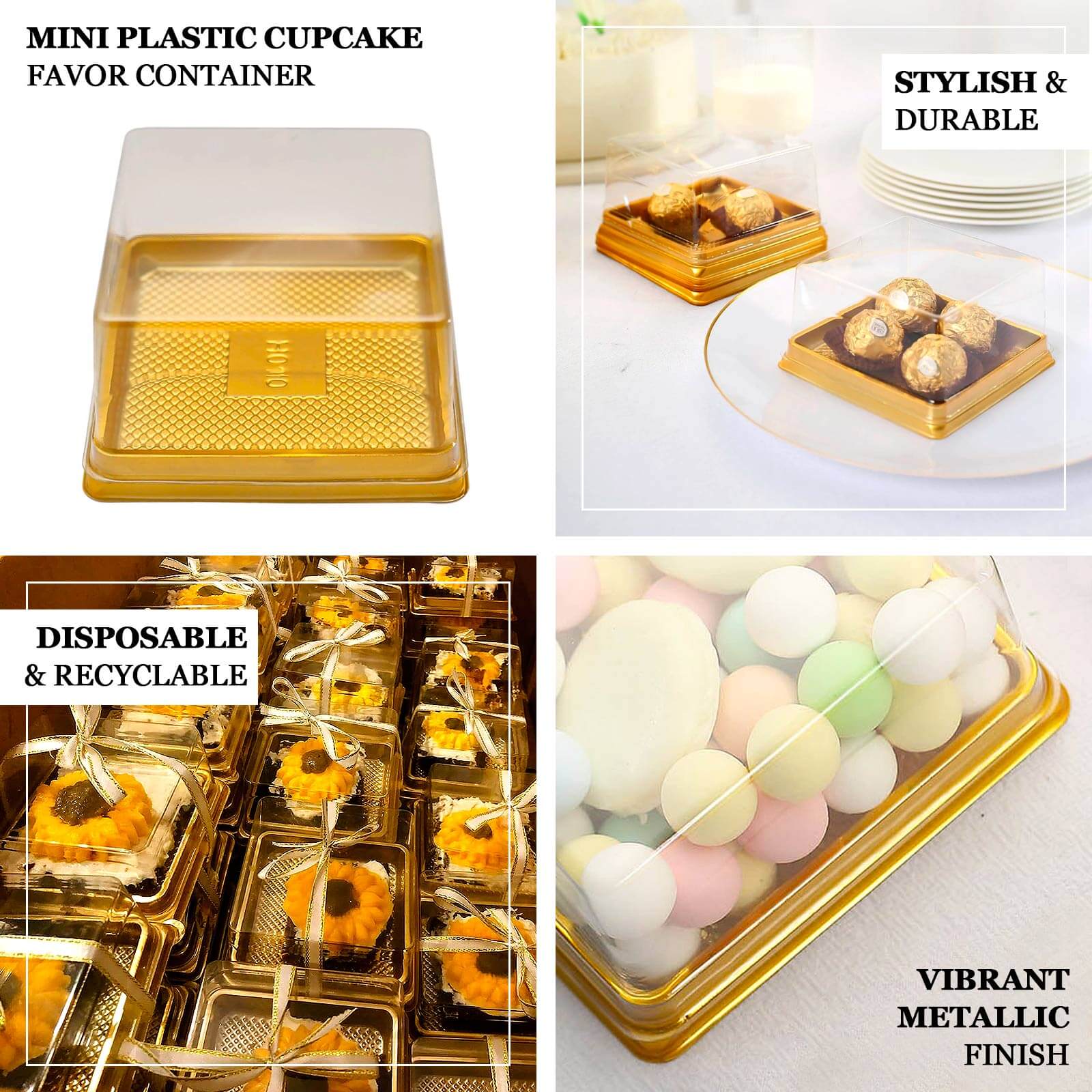 50 Pack Clear / Gold Square Mini Plastic Dessert Party Favor Boxes, Cupcake Muffin Food Containers 4"x4"x2.5" - Image 4