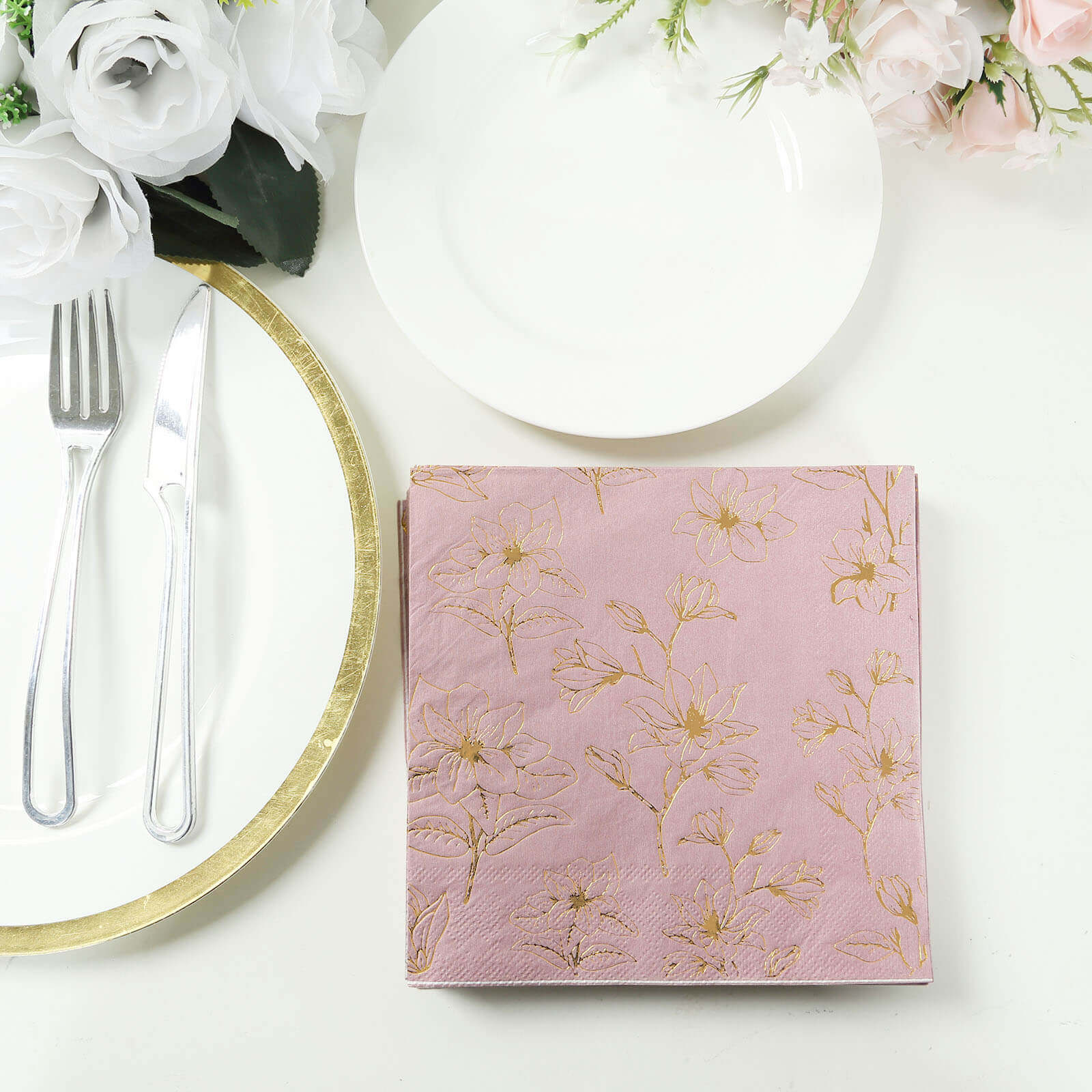 50-Pack Paper Cocktail Napkins 2 Ply Dusty Rose with Gold Magnolia Flowers Print - Soft and Highly Absorbent Beverage Napkins - Image 2