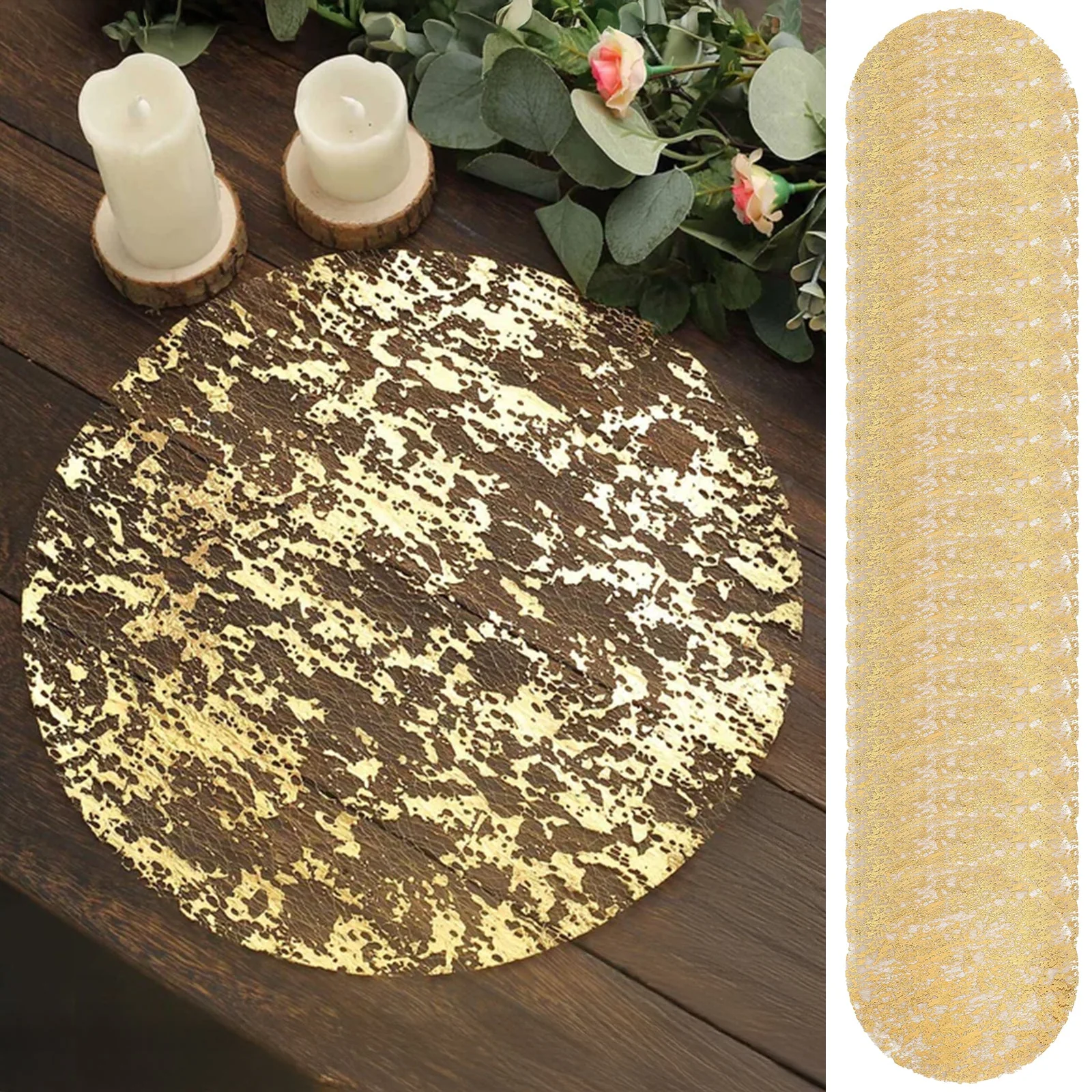 50-Pack Mesh Table Placemats 13" Round Foil Design Metallic Gold - Shiny Disposable Dining Mats - Image 7