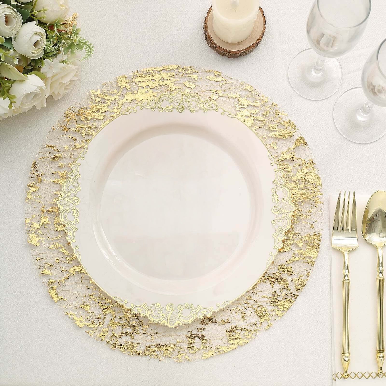 50-Pack Mesh Table Placemats 13" Round Foil Design Metallic Gold - Shiny Disposable Dining Mats - Image 8