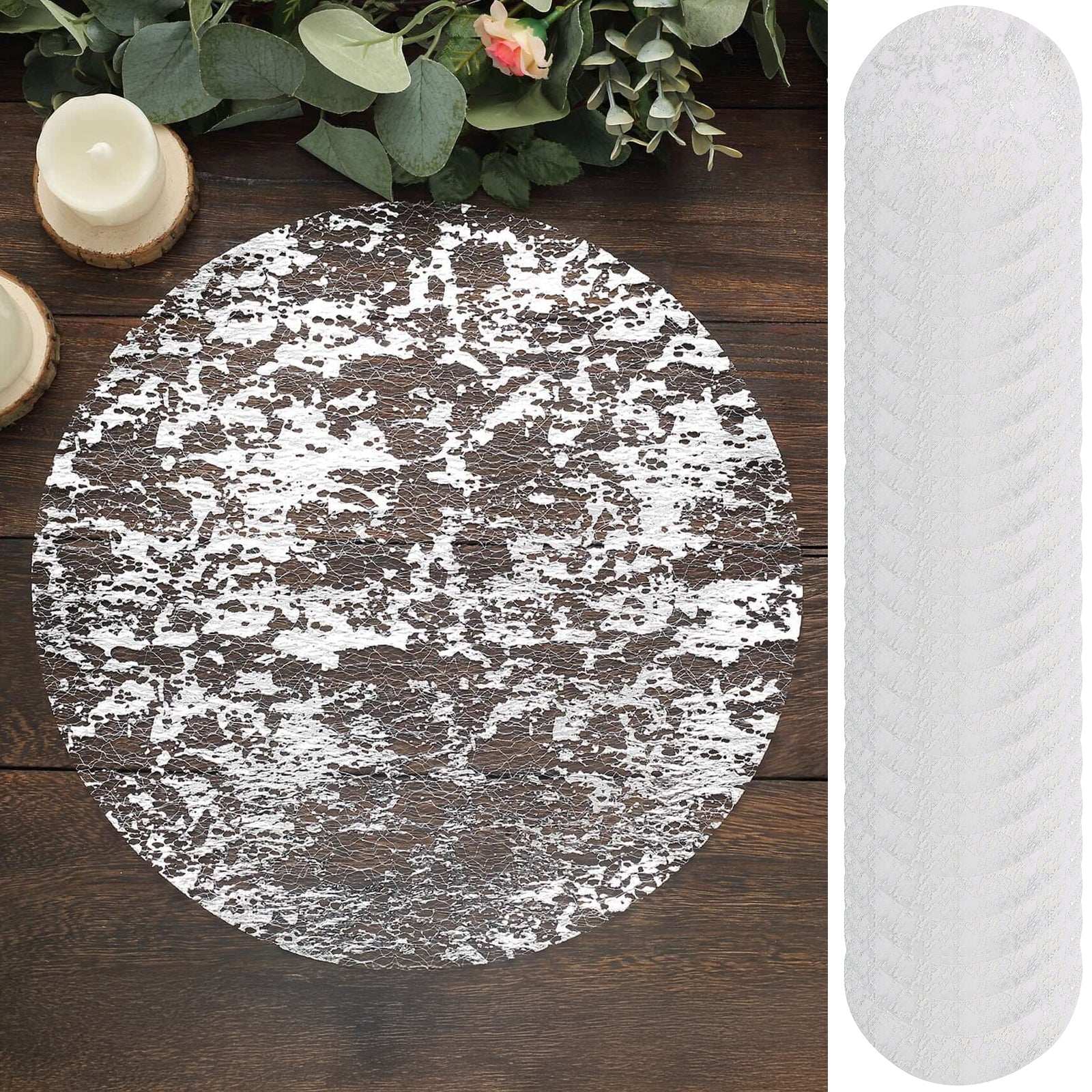 50-Pack Mesh Table Placemats 13" Round Foil Design Metallic Silver - Shiny Disposable Dining Mats