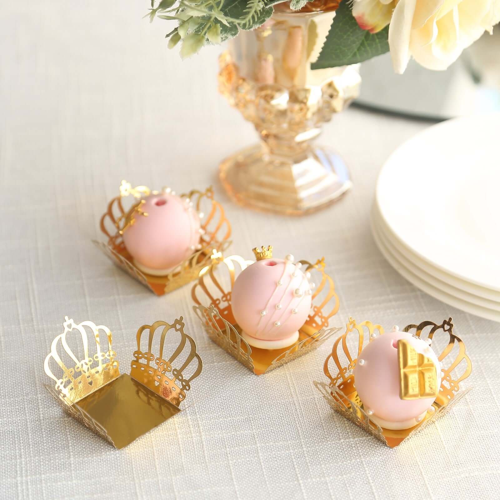 50-Pack Mini Paper Truffle Cup Liners 4" Square Design Metallic Gold Crown - 225GSM Cupcake Tray Wrappers - Image 4