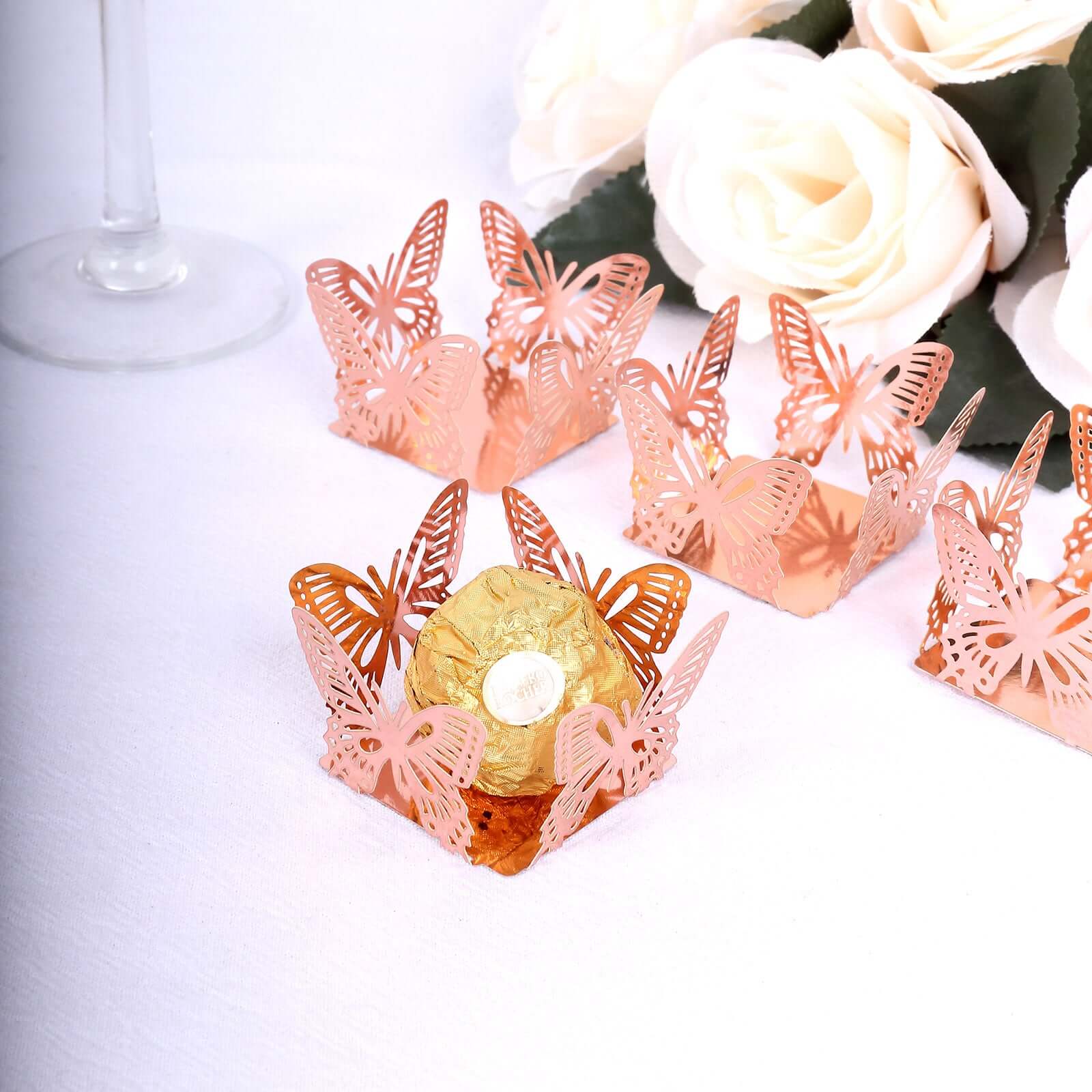 50-Pack Mini Paper Truffle Cup Liners 4" Square Design Metallic Rose Gold Butterfly - 225GSM Cupcake Tray Wrappers