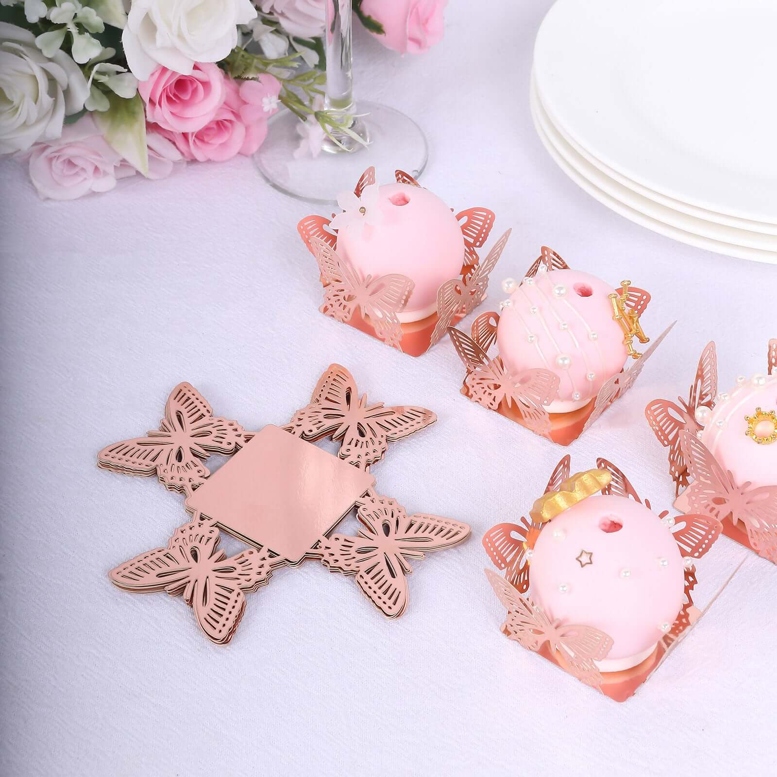 50-Pack Mini Paper Truffle Cup Liners 4" Square Design Metallic Rose Gold Butterfly - 225GSM Cupcake Tray Wrappers - Image 10