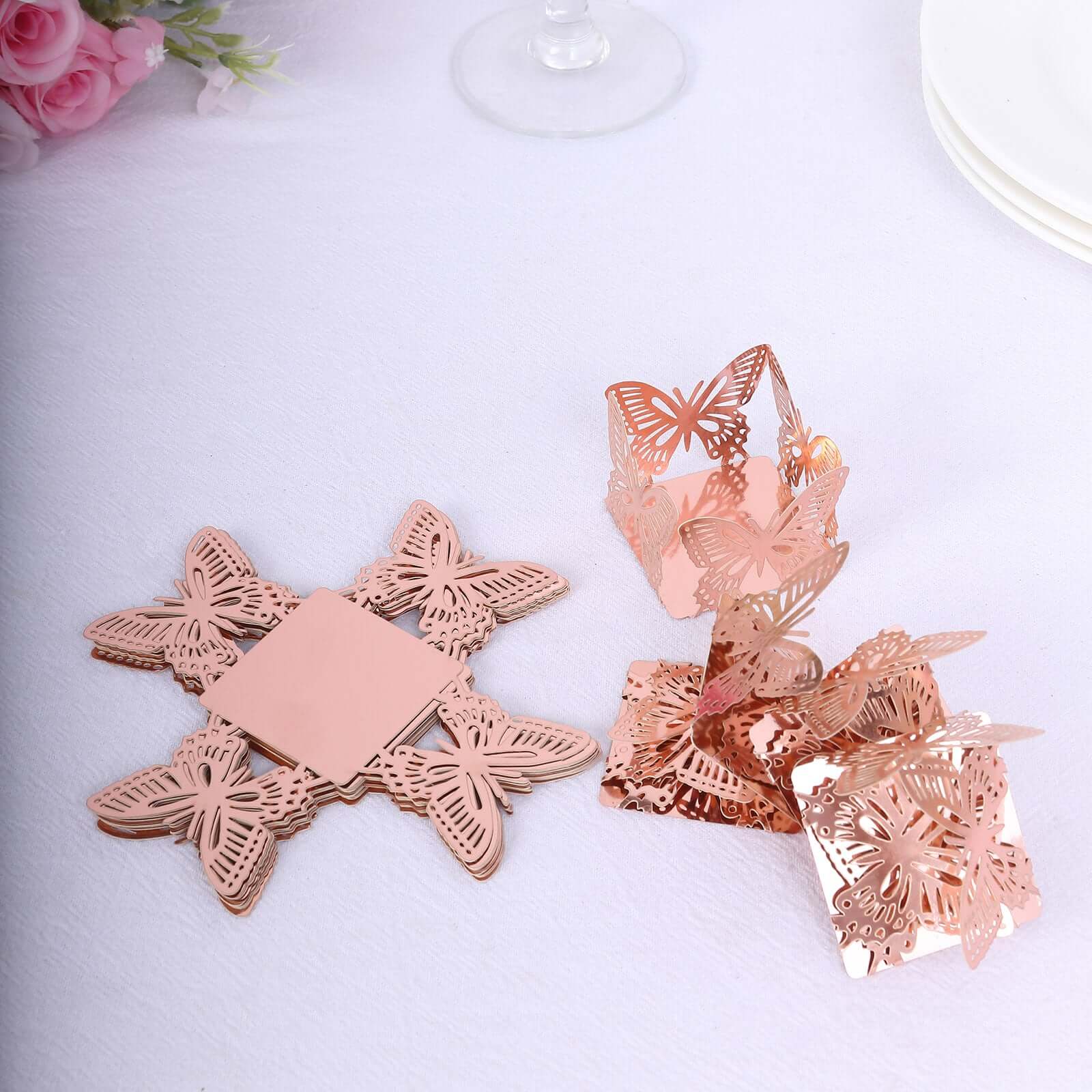 50-Pack Mini Paper Truffle Cup Liners 4" Square Design Metallic Rose Gold Butterfly - 225GSM Cupcake Tray Wrappers - Image 11