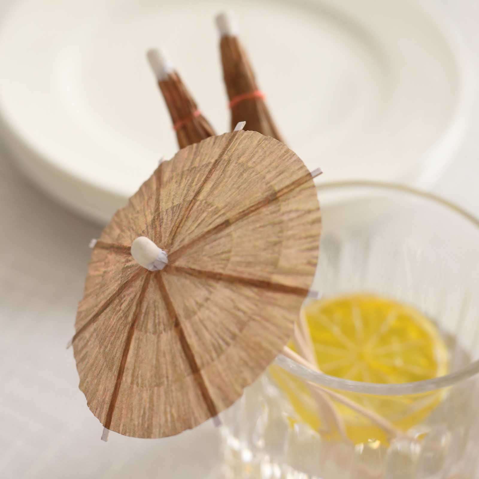 50-Pack Natural Bamboo Skewers 6", Tiki Hut Paper Umbrella Design Biodegradable Cocktail Sticks - Eco Friendly Party Picks - Image 2